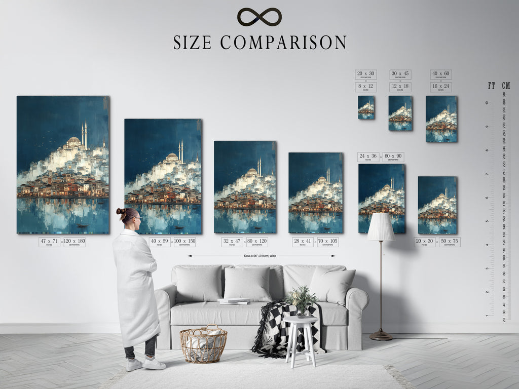 A size comparison chart in an interior setting. See how the Istanbul Cityscape fits in different spaces. Visualize the perfect size for your living room wall art. Choose from various sizes to match your decor needs. Enhance your space with this cultural artwork.