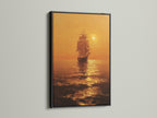 A black frame presents a dramatic seascape artwork. The art depicts a ship sailing into a golden sunset. The artwork creates a striking visual impact. The black frame adds a bold and contemporary touch. The deep hue enhances the artwork's depth and richness.