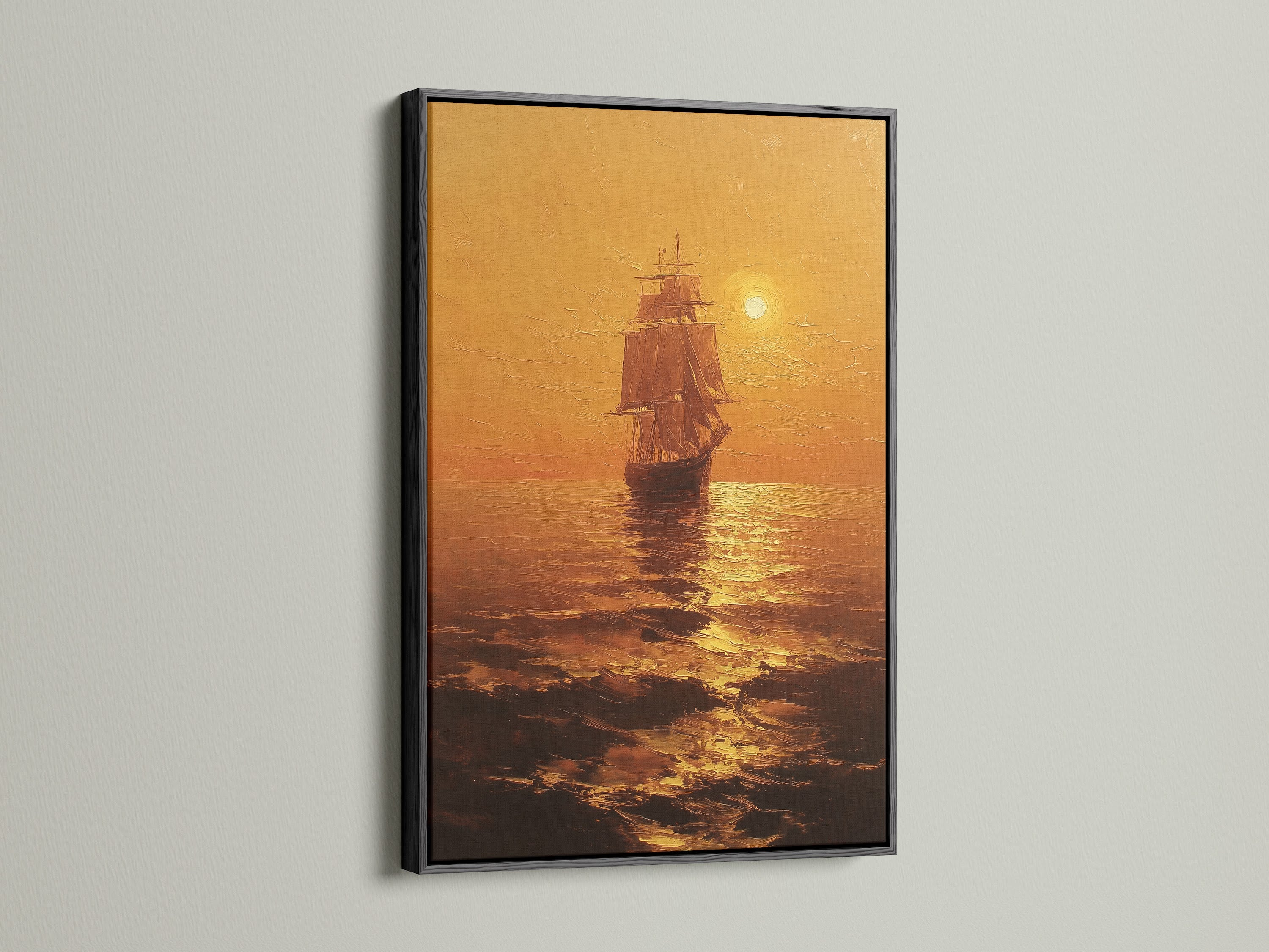 A black frame presents a dramatic seascape artwork. The art depicts a ship sailing into a golden sunset. The artwork creates a striking visual impact. The black frame adds a bold and contemporary touch. The deep hue enhances the artwork's depth and richness.
