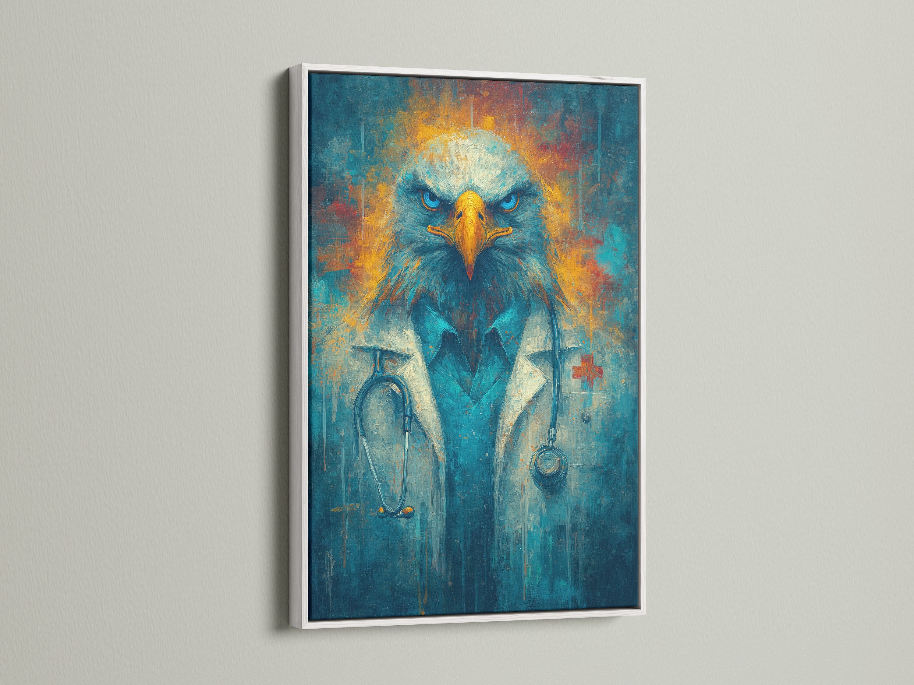The Eagle Doctor art piece is presented in a white frame. This medical wall art is perfect for adding a contemporary touch to any medical office. The animal portrait canvas features blue and gold colors. This artwork is ideal for clinic owners and medical professionals looking for unique decor.