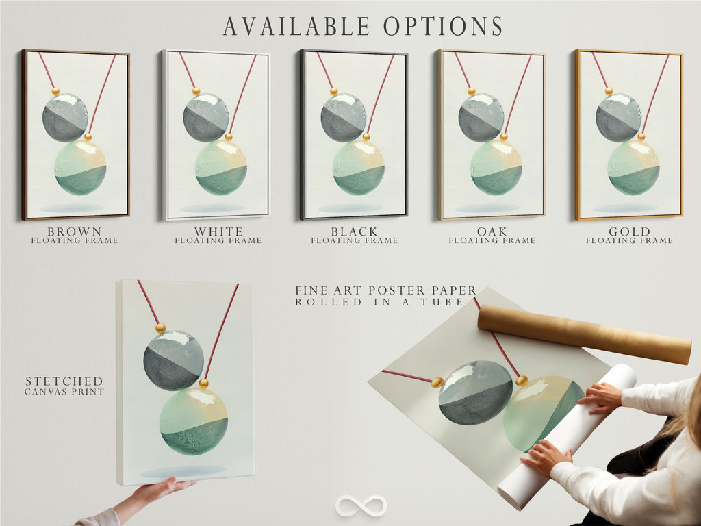 Explore available options for Geometric Spheres artwork. Choose from stretched canvas prints fine art poster paper or a floating frame. This modern wall art features teal and gold accents. Perfect for minimalist and Scandinavian interiors. Enhance your space today.
