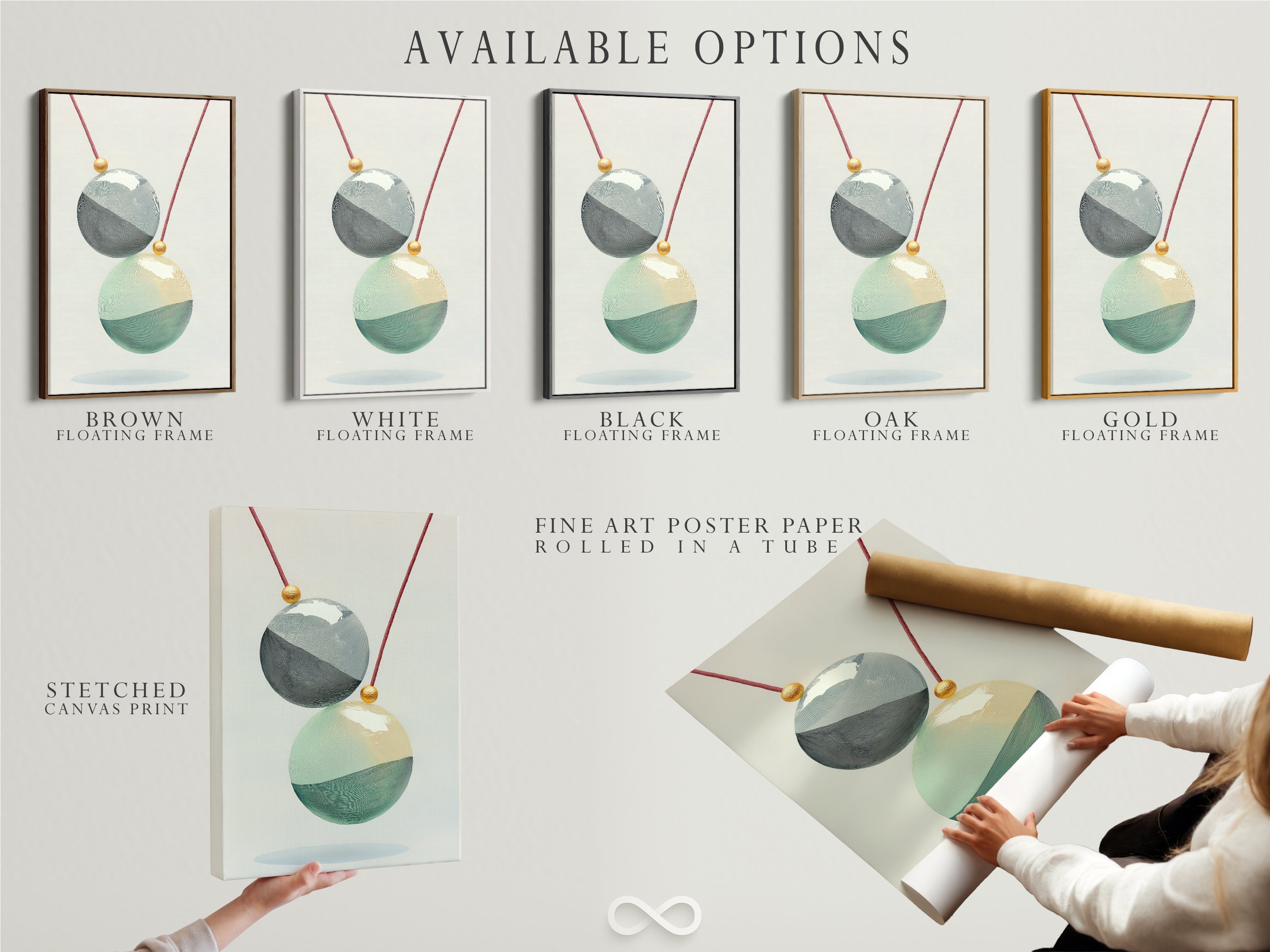 Explore available options for Geometric Spheres artwork. Choose from stretched canvas prints fine art poster paper or a floating frame. This modern wall art features teal and gold accents. Perfect for minimalist and Scandinavian interiors. Enhance your space today.