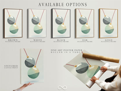 Explore available options for Geometric Spheres artwork. Choose from stretched canvas prints fine art poster paper or a floating frame. This modern wall art features teal and gold accents. Perfect for minimalist and Scandinavian interiors. Enhance your space today.