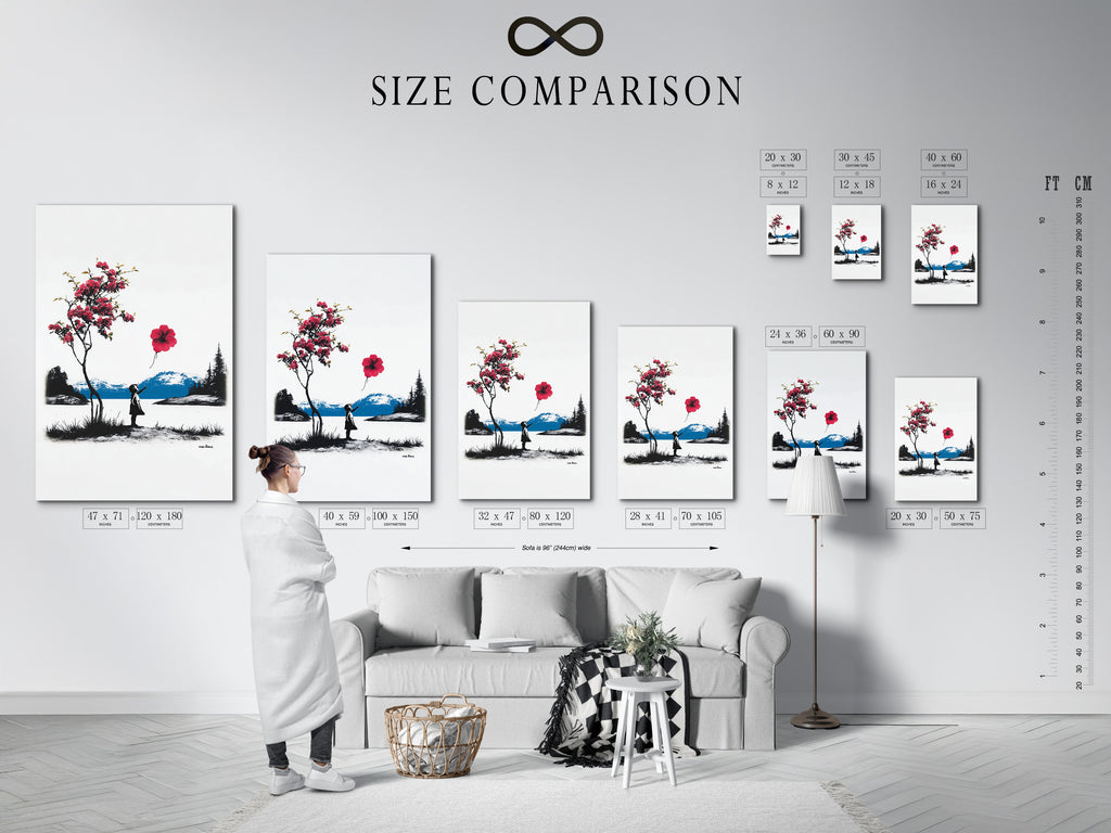 Size comparison chart displayed in an interior setting. The chart helps visualize artwork dimensions. It assists in choosing the perfect size for your space. Make informed art buying decisions. Ensure the right fit for your wall.