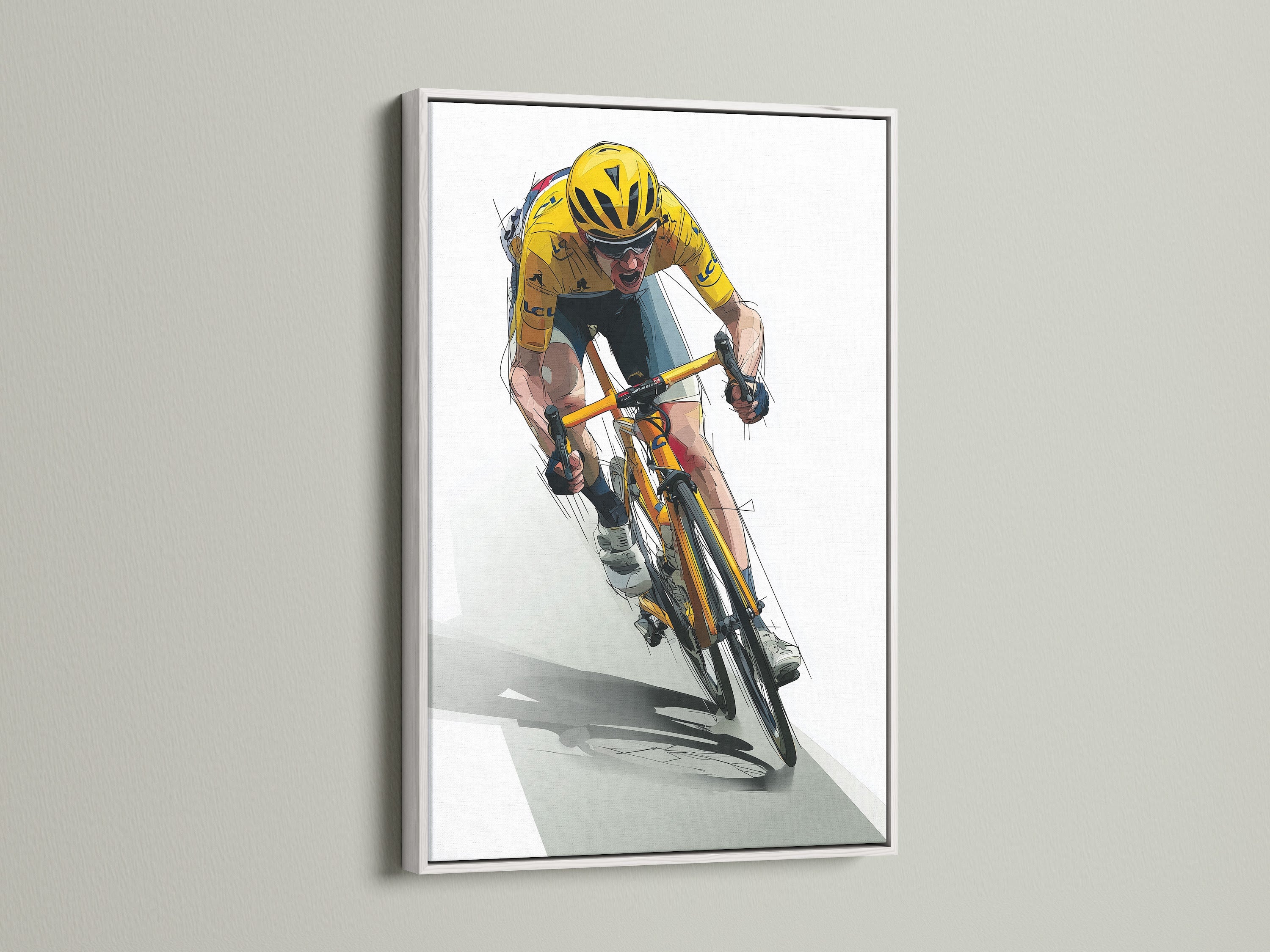 Artwork of a cyclist in the yellow jersey framed in a white frame. A white frame offers a clean and modern look. It will make your artwork stand out. The neutral color complements any artwork.