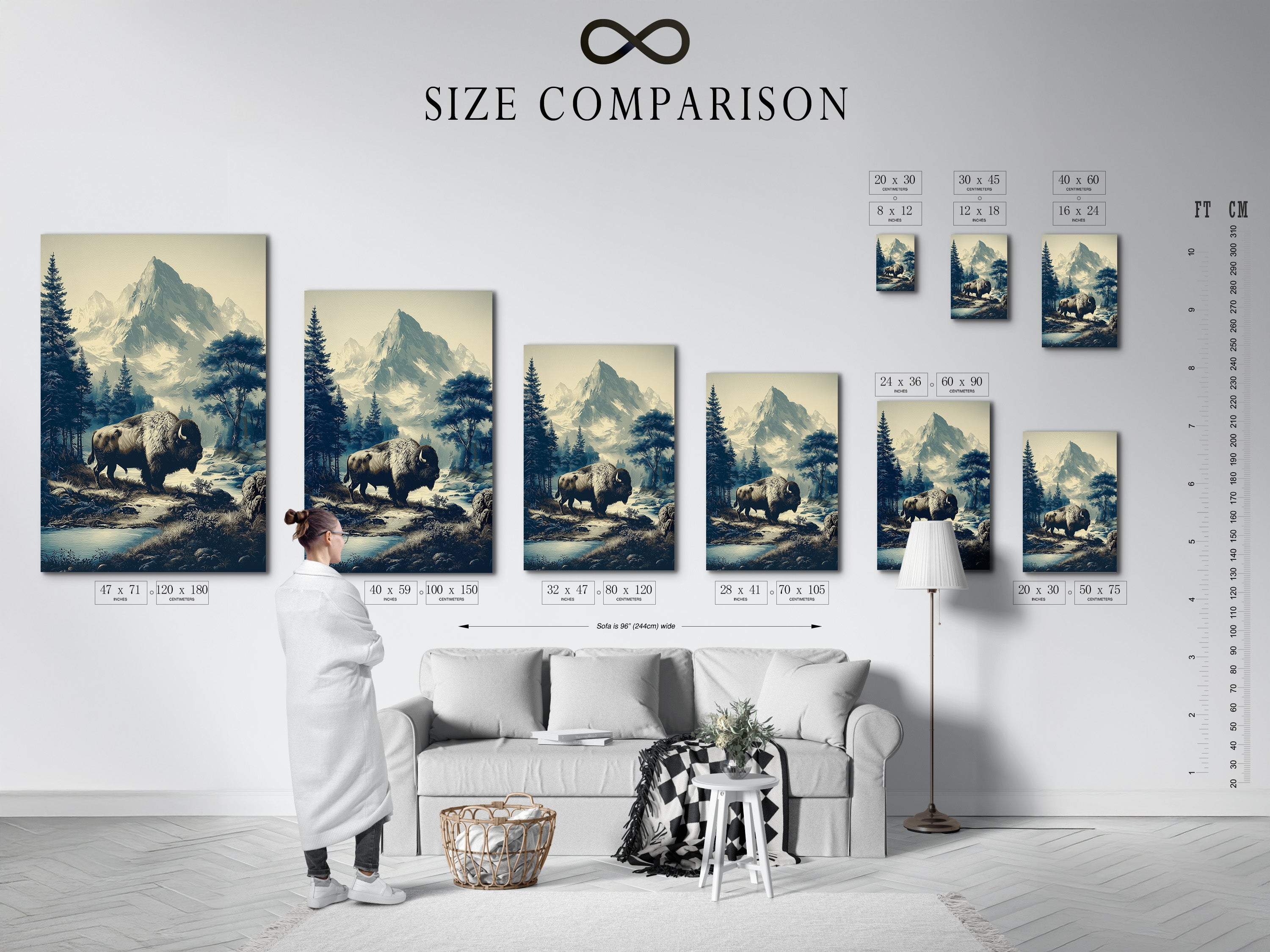 A size comparison chart in an interior setting. This displays various sizes of Buffalo Mountain Art. The western wildlife art fits any space. Choose the perfect vintage nature print for your decor. See how the mountain landscape art enhances your room.