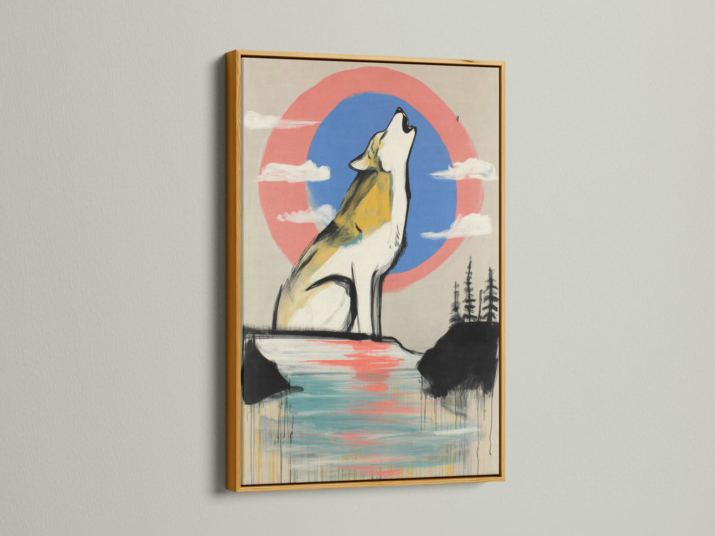 A gold frame highlights a wolf artwork. The piece depicts a howling wolf with a modern abstract coral blue sky. This is a touch of elegance to wildlife canvas art. This is an ideal choice for adding sophistication to your walls. This artwork enhances any living space or bedroom.