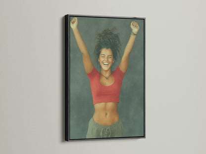 Euphoric Woman art in a black frame.  Expressive art for modern and eclectic styles.  This woman portrait brings fun to any room.  Perfect for dorm room decor or office wall art.  Add a joyful print to your space.