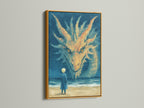 This mystical canvas art is framed in gold. The dragon fantasy art print adds a touch of luxury. The artwork depicts a surreal ocean scene. It is perfect for enhancing bedroom wall decor. This fantasy creature artwork brings elegance to any room. A great addition to any space.