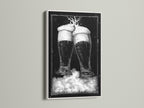 White frame artwork. The art features two beer glasses in black and white tones. This piece is mounted on a clean white wall. The frame is a crisp white color. Discover framed artwork options to enhance your space. Explore our selection today for the perfect piece.