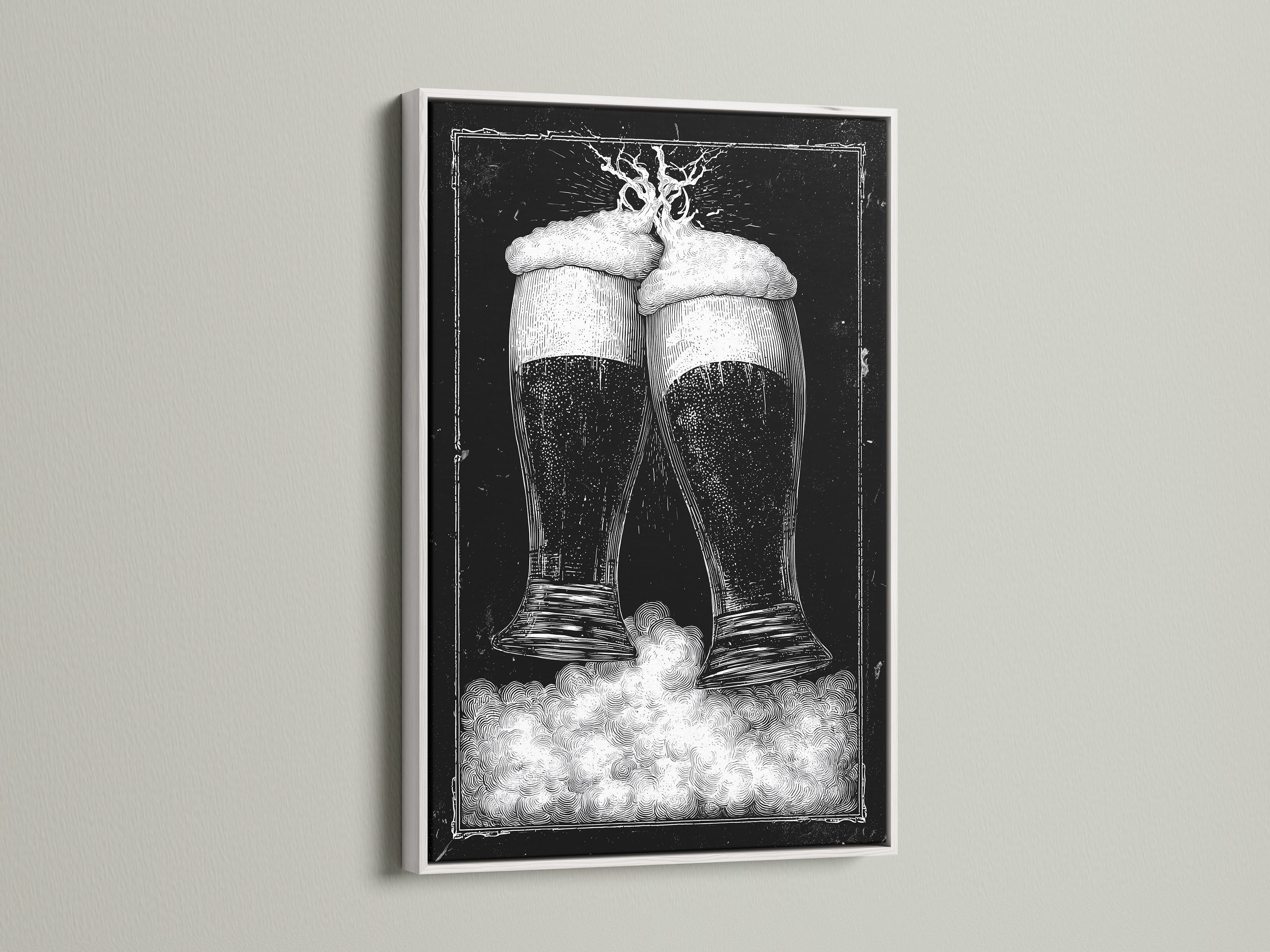 White frame artwork. The art features two beer glasses in black and white tones. This piece is mounted on a clean white wall. The frame is a crisp white color. Discover framed artwork options to enhance your space. Explore our selection today for the perfect piece.