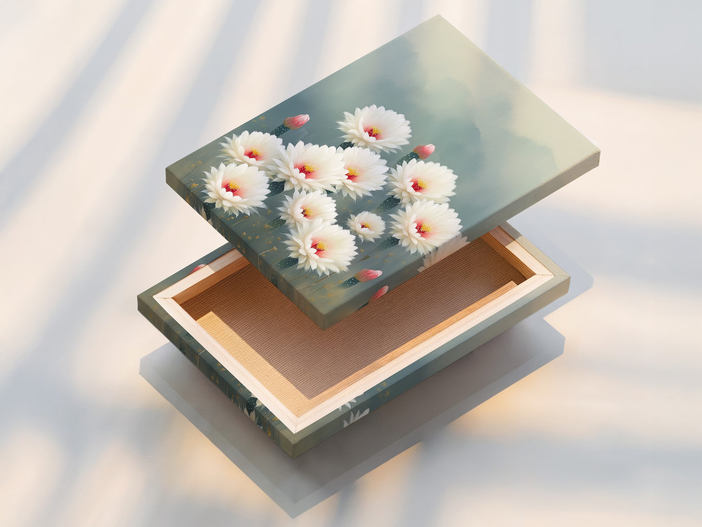 A stretched canvas print of the Cactus Flower artwork. This botanical print is ready to hang and enjoy. The desert bloom brings nature indoors. Perfect for living room wall art. The floral canvas enhances any space with soft color and style.