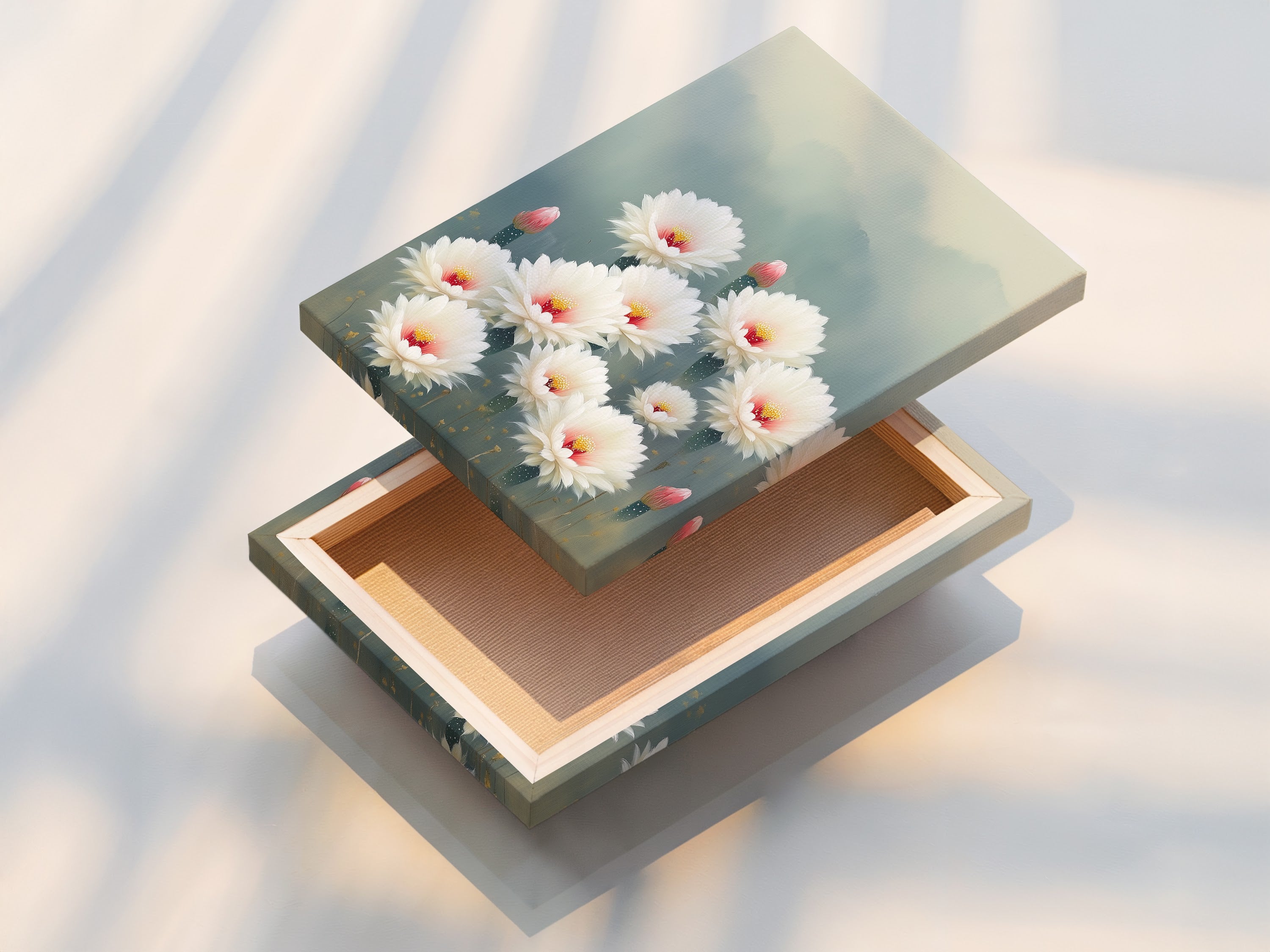 A stretched canvas print of cactus flower art. This botanical artwork is ready to hang. The stretched canvas provides a gallery-quality look. Perfect for adding a touch of nature to your walls. Desert plant artwork for any room.