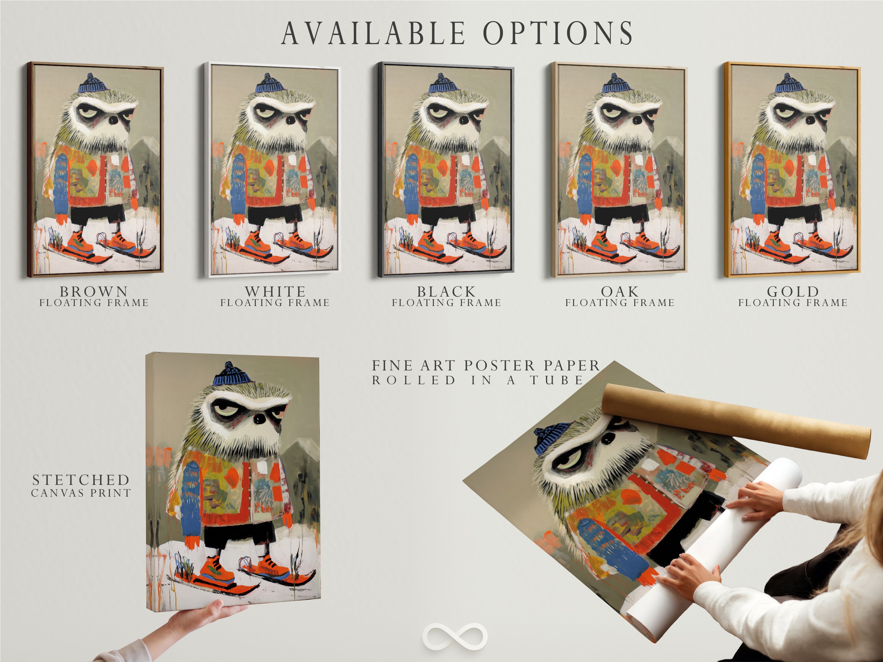 Available options for the skiing owl art are showcased. Choose from a stretched canvas print fine art poster paper or a floating frame. This whimsical winter animal print is perfect for kids room decor. The artwork suits contemporary Scandinavian and eclectic styles in playrooms studios and lobbies.