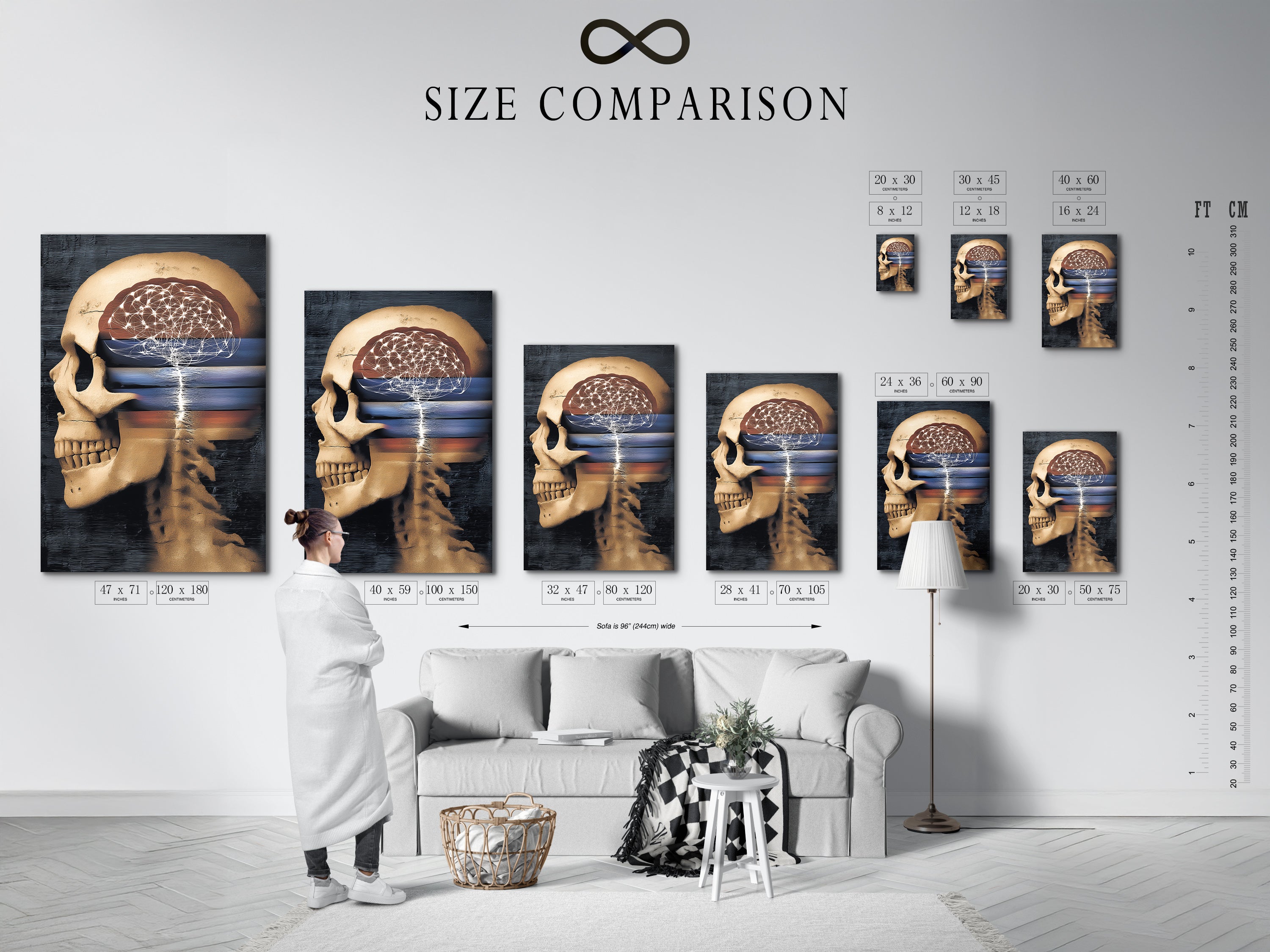 Size comparison chart in an interior setting. This displays available sizes for the surreal skull art print. See how the anatomical brain canvas wall art fits in various spaces. Perfect for gothic medical posters and science wall art. Add dark academia to your decor.
