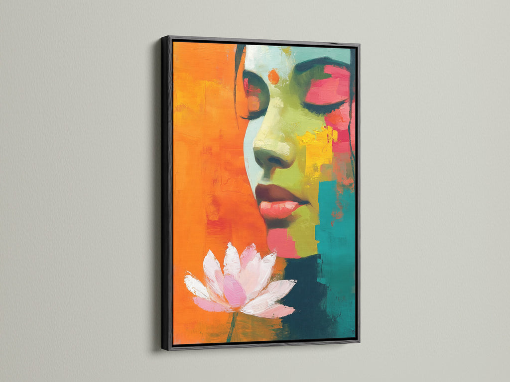 A black frame highlights this abstract woman portrait art. The colorful wall art features a lotus flower. It provides a bold contrast. This artwork is ideal for eclectic and modern interiors. Explore how black frames enhance artwork.