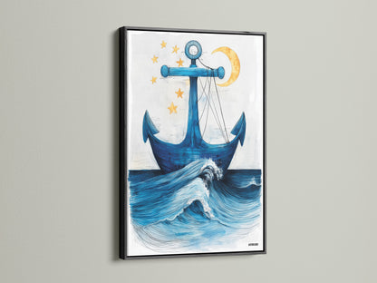 Anchor Canvas Print with a black frame displayed on a white wall. This nautical artwork is a striking addition to any room. The blue art print captures the power of ocean waves. Ideal for beach house decor and seaside artwork enthusiasts. Transform your space with this captivating coastal piece