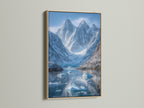 Mountain Glacier canvas artwork with an oak frame. The art depicts an arctic landscape. Blue icebergs float in the water. This piece enhances any living room bedroom or office space.