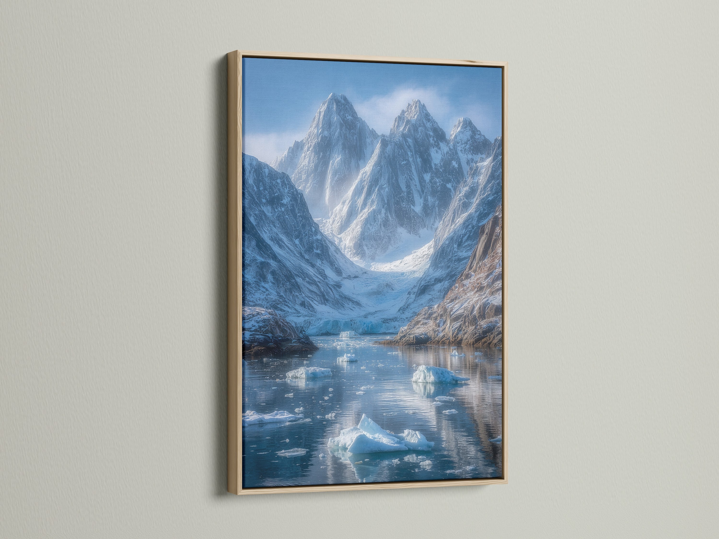 This artwork features a mountain glacier in an oak frame.  The arctic print captures the beauty of the Scandinavian landscape.  It's ideal for adding nature photography to your living room or office wall.