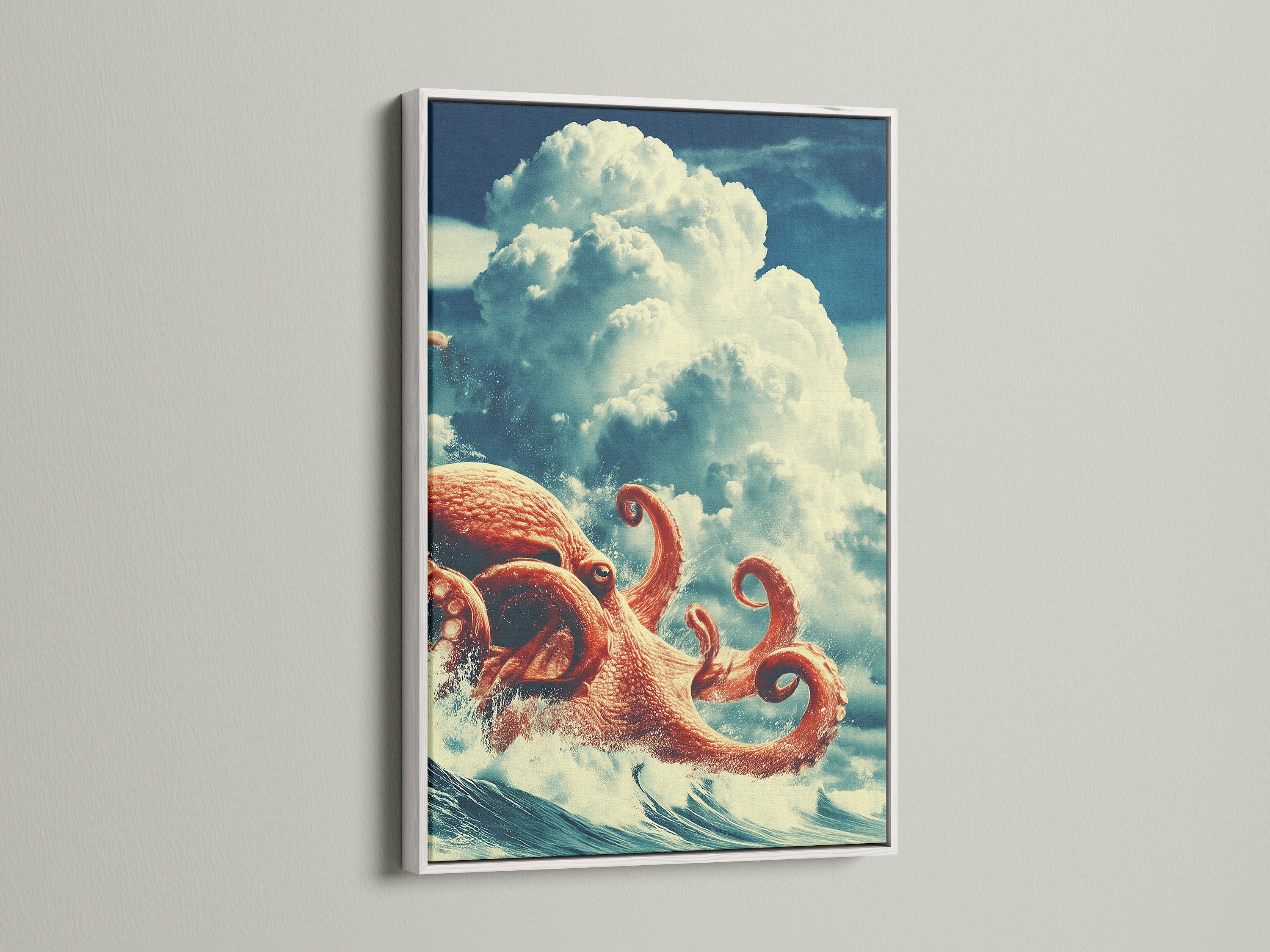 The surreal octopus artwork is showcased in a white frame. The bright white frame offers a clean modern look. It makes the colors of the ocean canvas art pop. This sea creature decor is ideal for a bathroom wall art. A white frame will brighten up your space.
