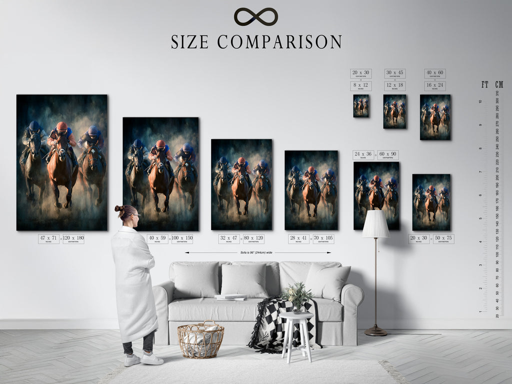 Size comparison chart of art in an interior setting. The chart helps visualize different sizes of artwork. This allows customers to choose the perfect size for their space. See how each size transforms the room. It's a useful tool for interior decorating.