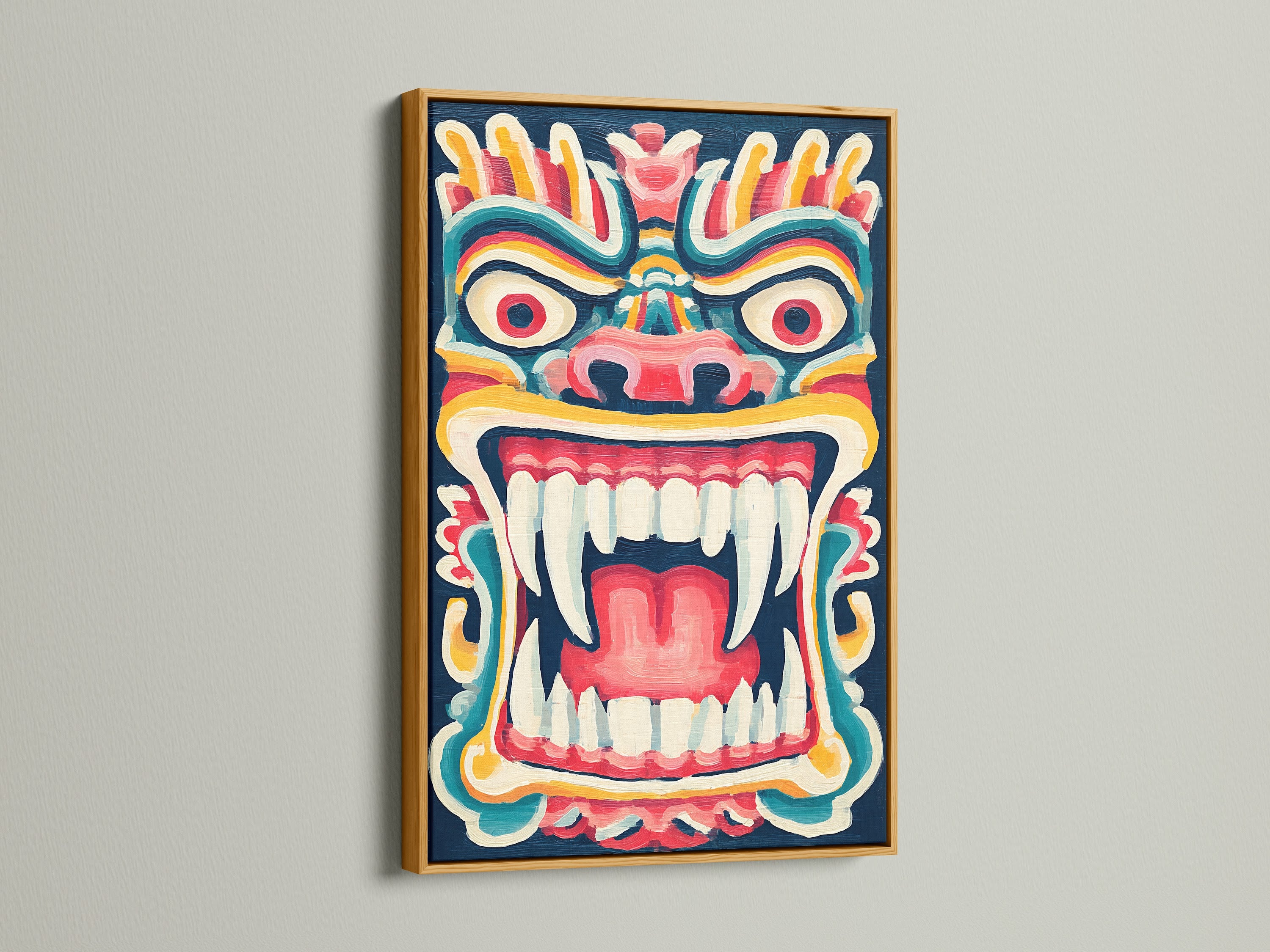 Admire tribal mask art in a gold frame. This colorful artwork brings luxury to your walls. It's a graphic art print for a bohemian feel. The mask canvas art is vibrant and eye-catching. Enhance your tribal decor today.
