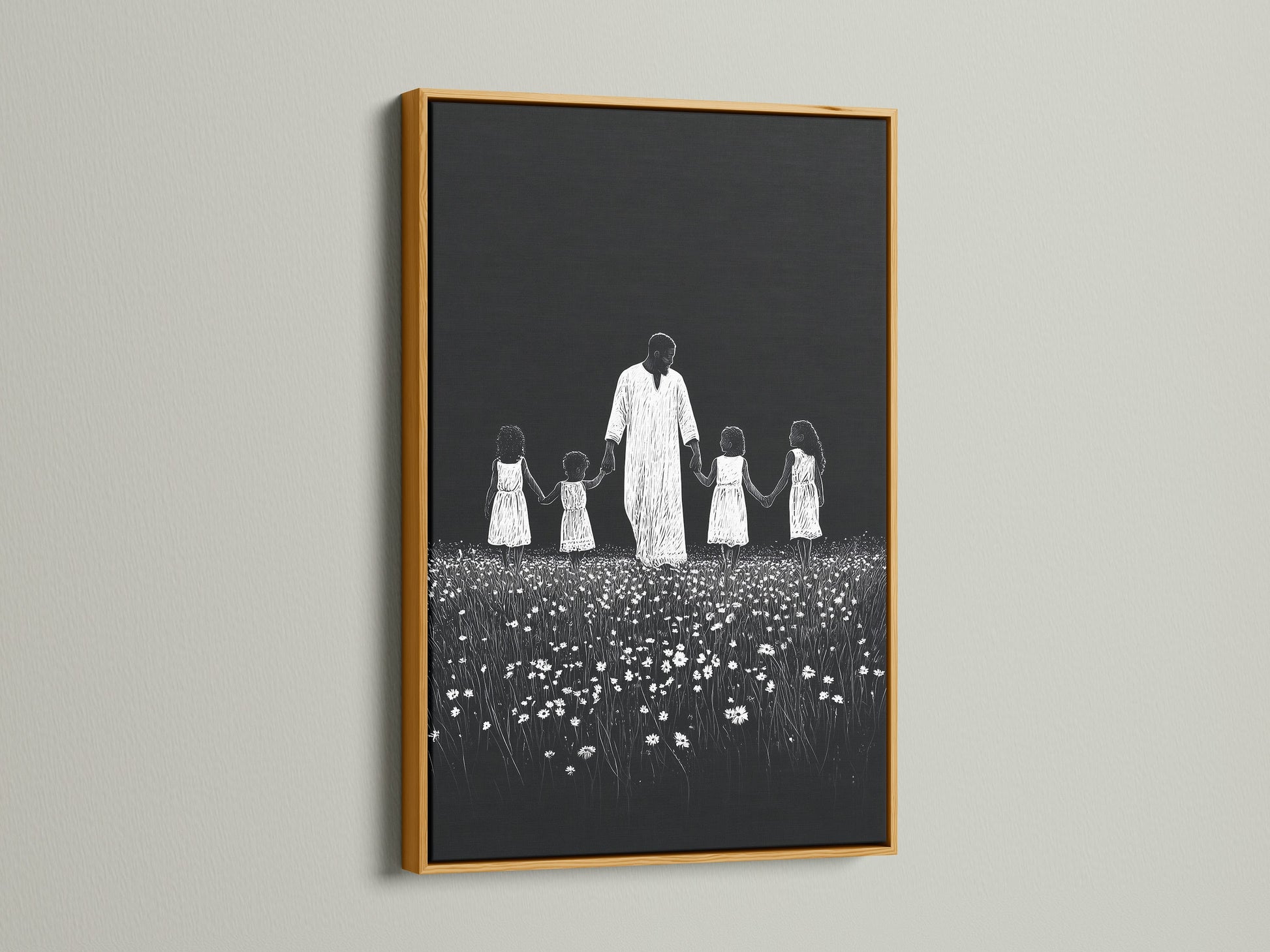 Artwork with a gold frame. The art features a symbolic depiction. It shows a man holding hands with children in a field of flowers. The gold frame brings a sense of luxury. The artwork is showcased in a radiant finish.