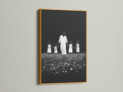 Artwork with a gold frame. The art features a symbolic depiction. It shows a man holding hands with children in a field of flowers. The gold frame brings a sense of luxury. The artwork is showcased in a radiant finish.