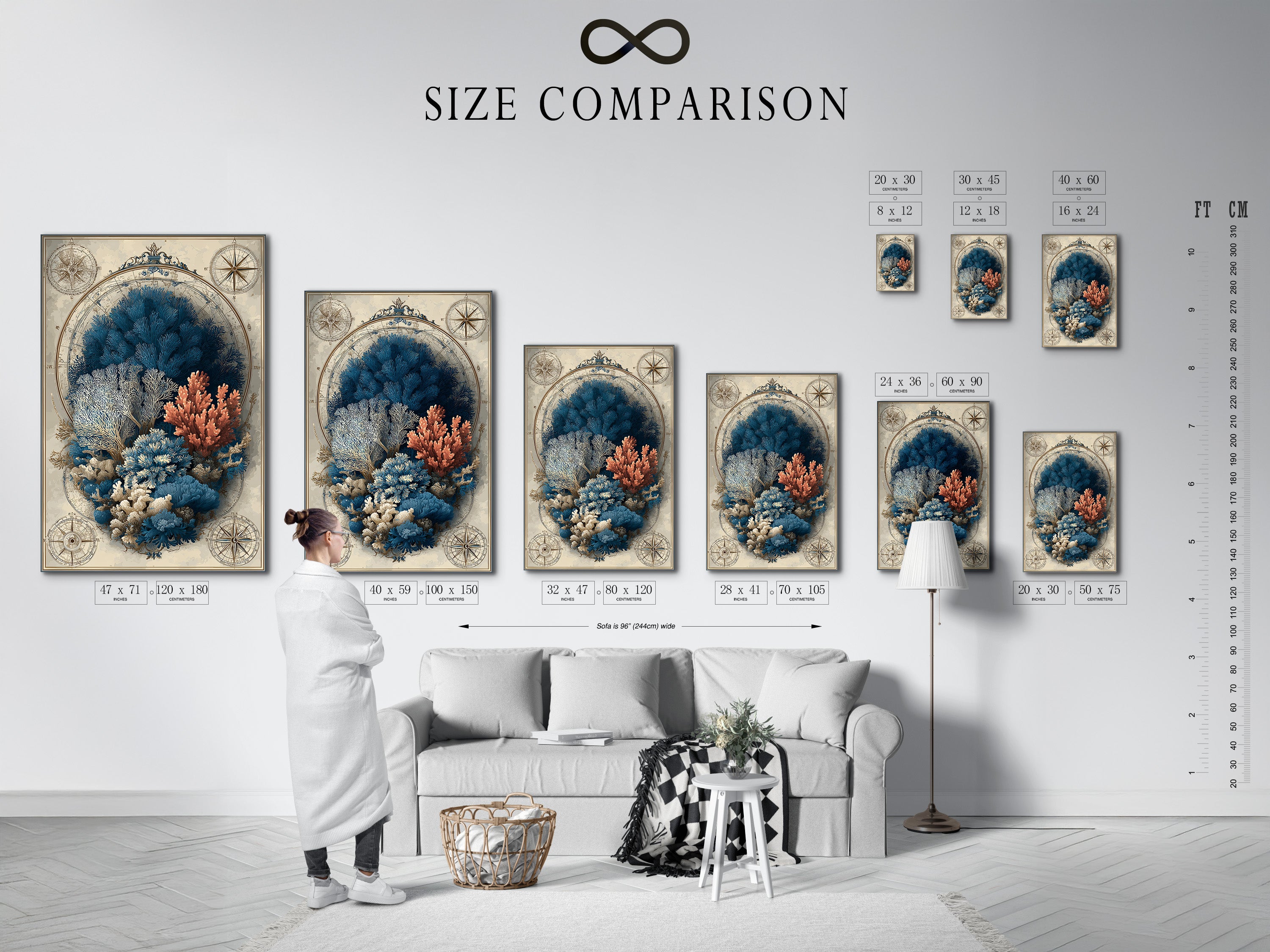 A size comparison chart is shown in an interior setting. This chart helps visualize art dimensions in a room. It helps you choose the perfect size for your space. Ensure the right fit and impact with this visual guide. Perfect for planning your wall decor.