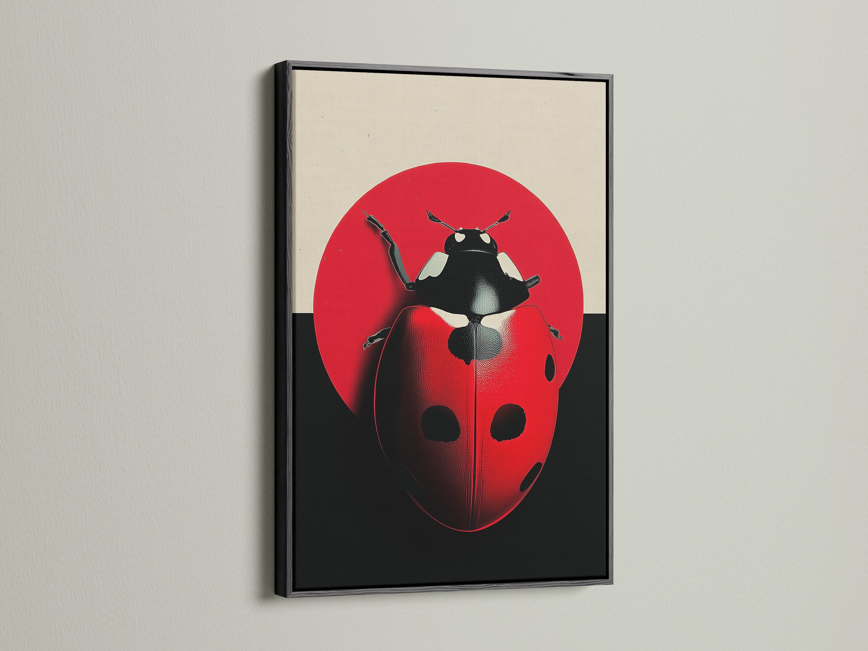 Black frame highlighting ladybug art print. This red insect wall decor enhances any playroom. The beetle canvas art adds modern flair. An excellent gift for entomologists. Discover nature illustrations and bug artwork. The black frame provides a bold contrast.