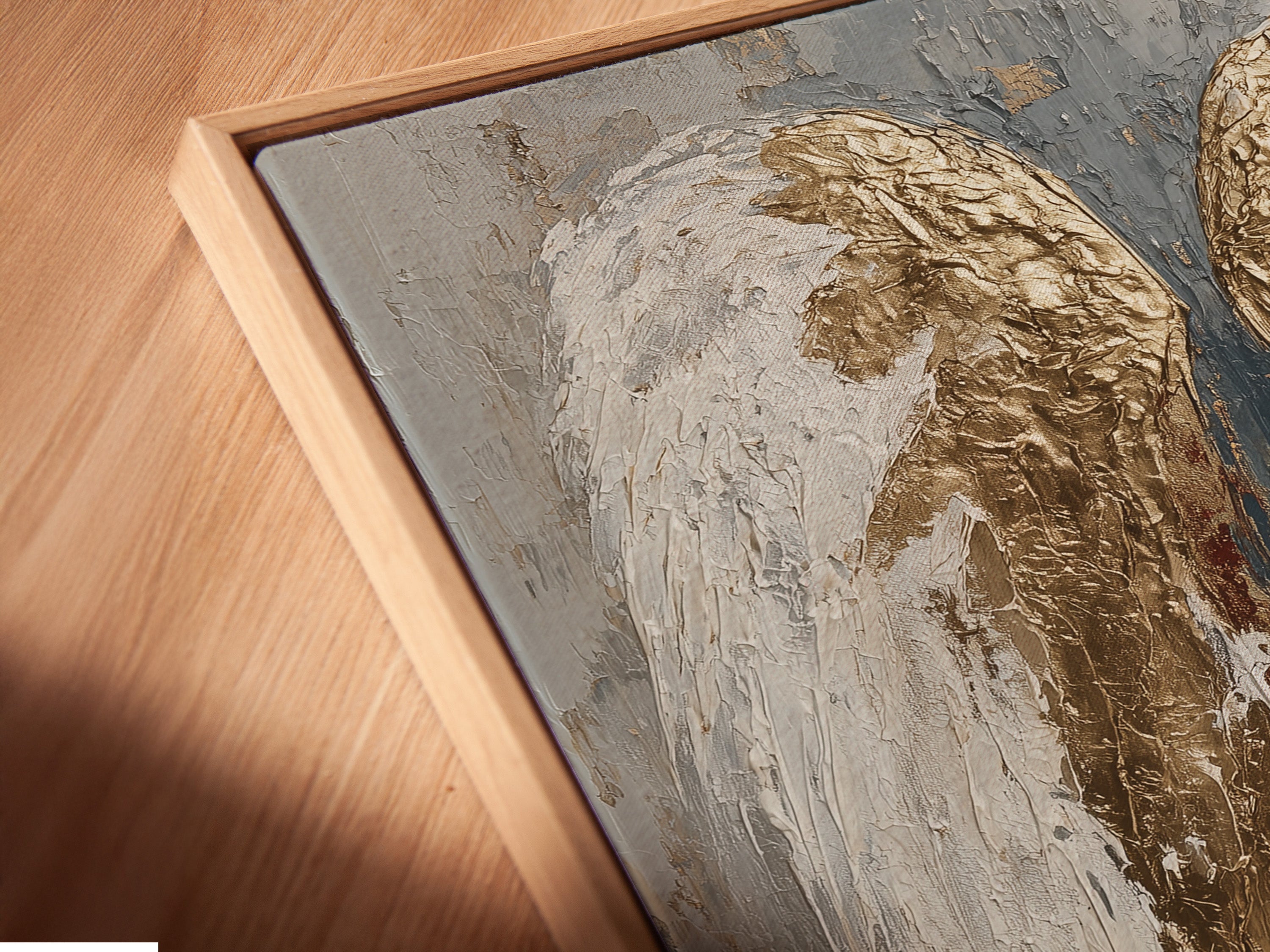 A canvas print is displayed in a floating frame. The artwork is viewed from an angle. The floating frame creates a modern and minimalist aesthetic. It gives the illusion that the artwork is floating. It adds depth to the artwork.