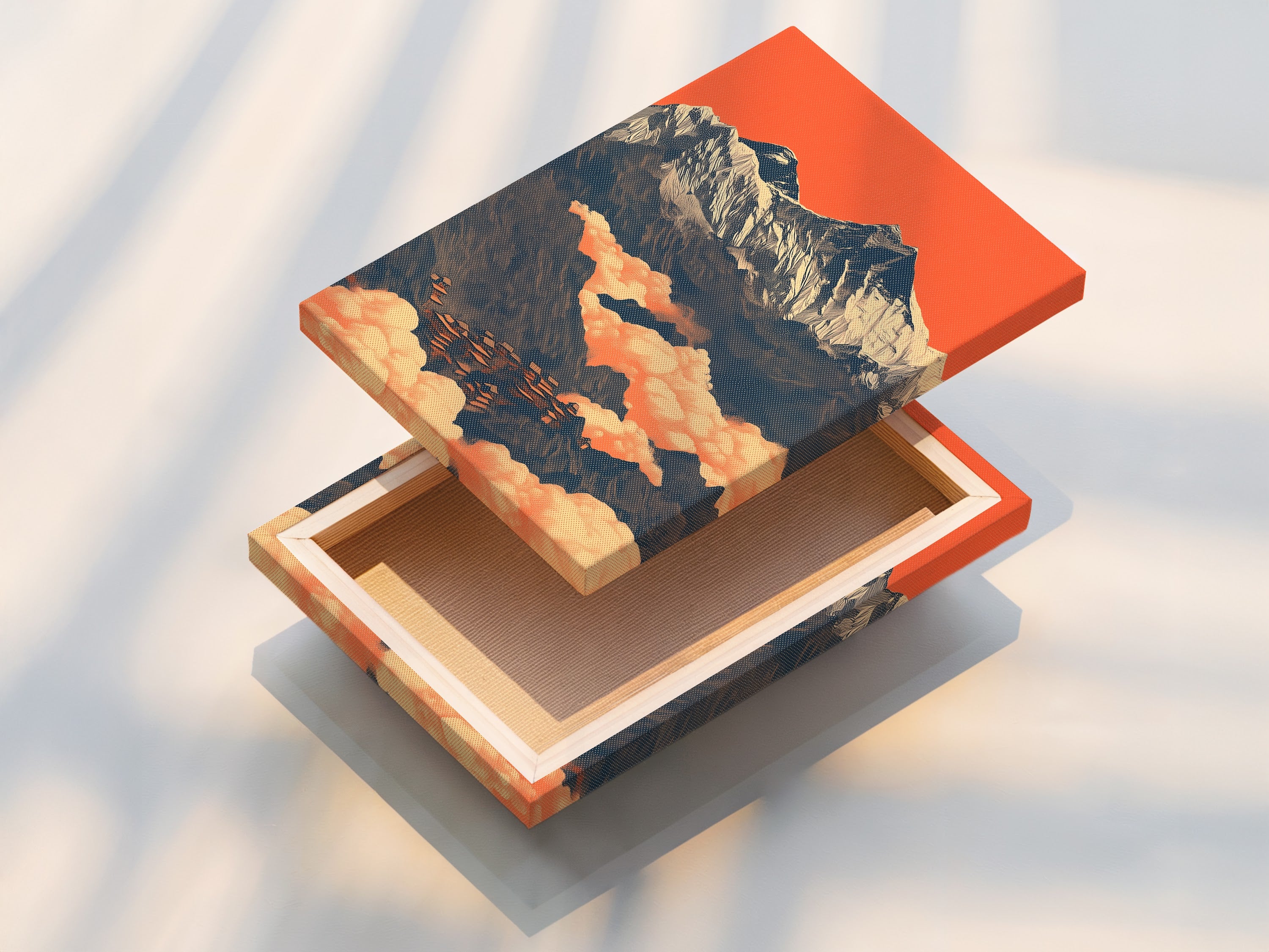 A stretched canvas print of a mountain peak artwork. This Himalayan art adds rustic charm. The peach and teal decor complements various interior styles. Ideal for living rooms and office spaces.