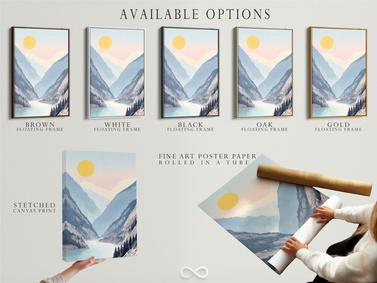 Explore the available options for our mountain lake art. We offer stretched canvas prints fine art poster paper and floating frames. Customize your serene valley wall art to match your style. Enhance your space with our pastel landscape artwork and tranquil designs.