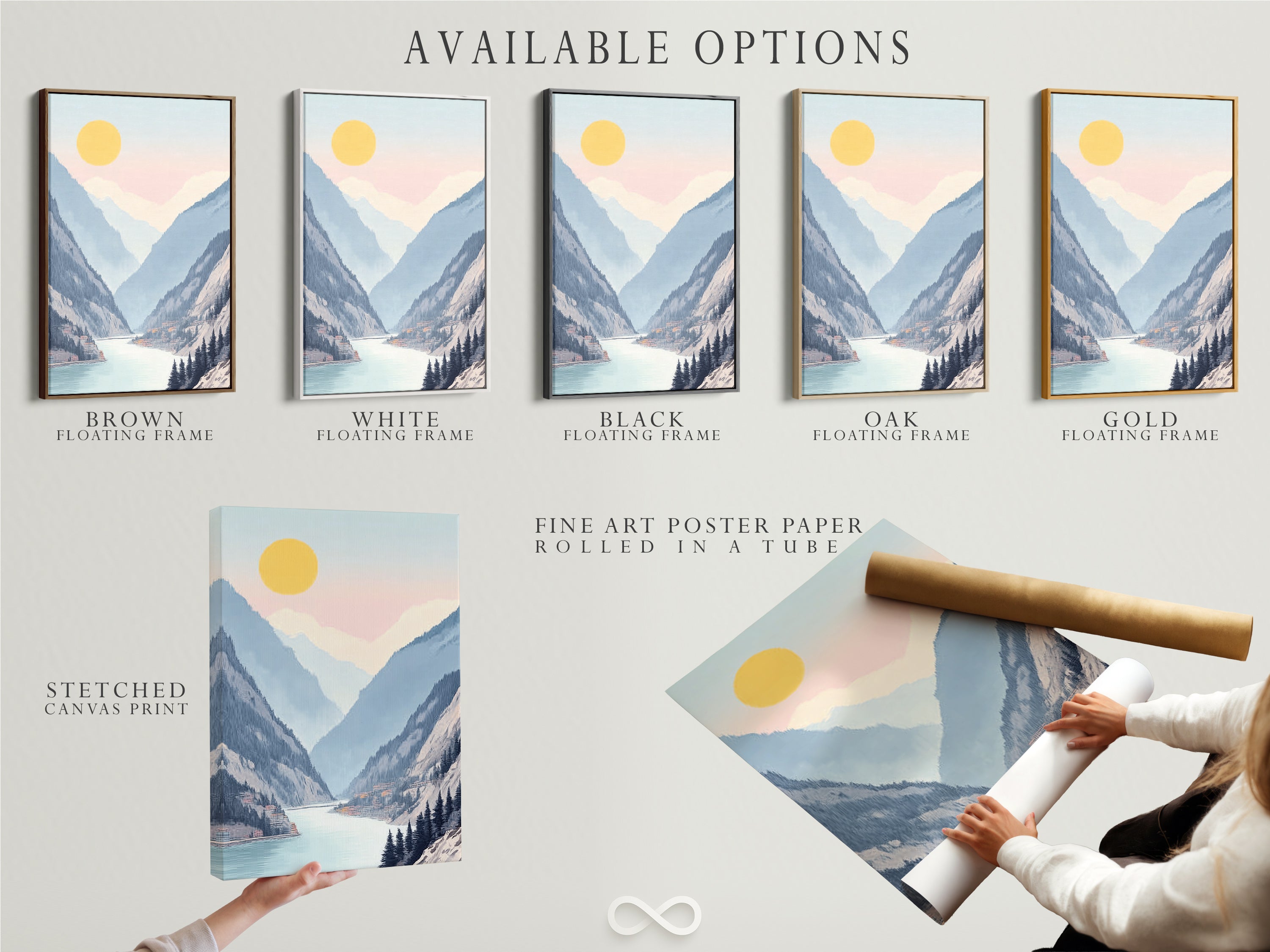 Explore the available options for our mountain lake art. We offer stretched canvas prints fine art poster paper and floating frames. Customize your serene valley wall art to match your style. Enhance your space with our pastel landscape artwork and tranquil designs.