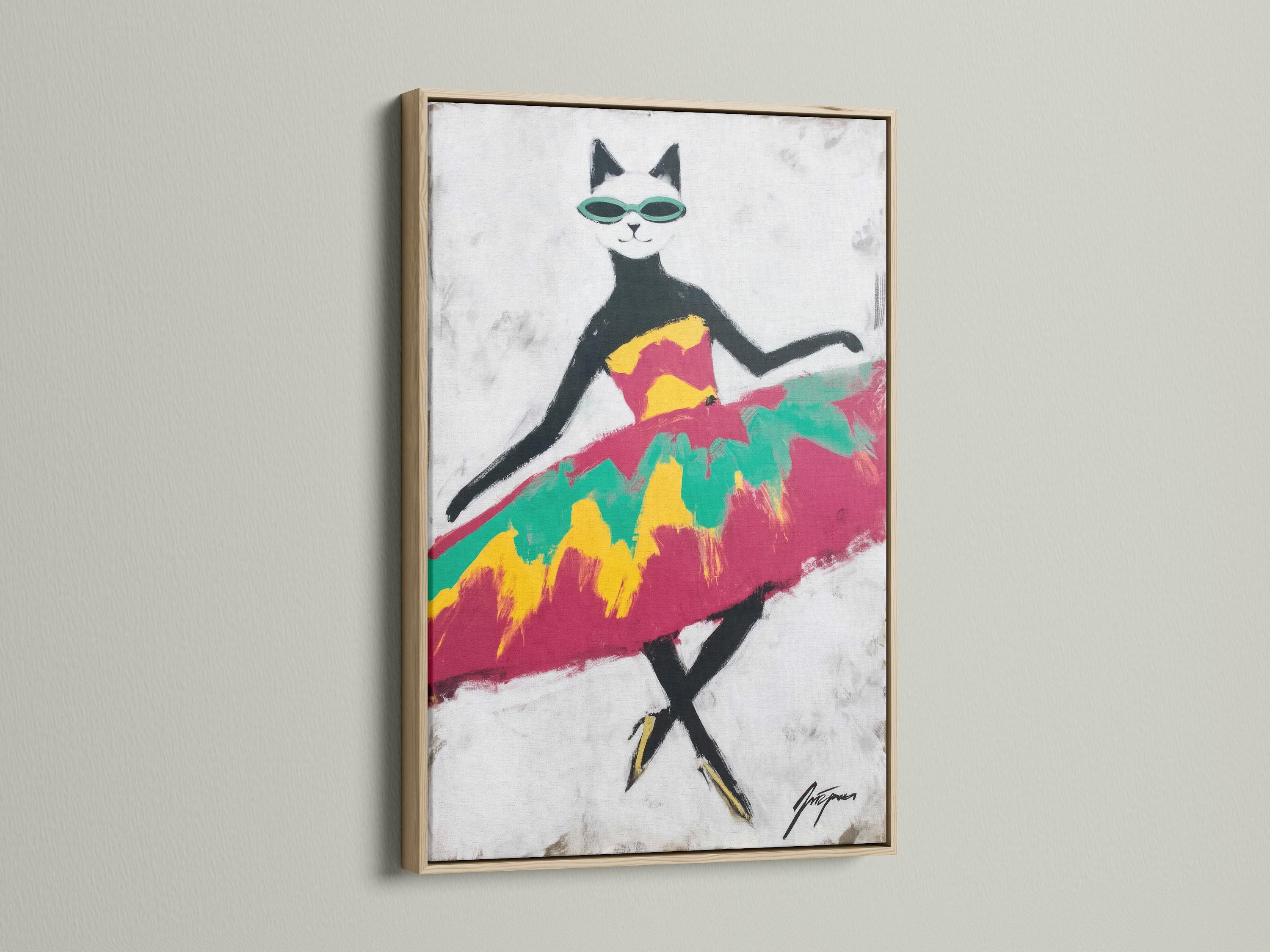 The Cool Cat Art Print is showcased in an oak frame. This frame enhances the retro animal art. The colorful cat print brings a modern vibe. It's ideal for adding playful wall art. This sunglasses cat artwork is perfect for any space.