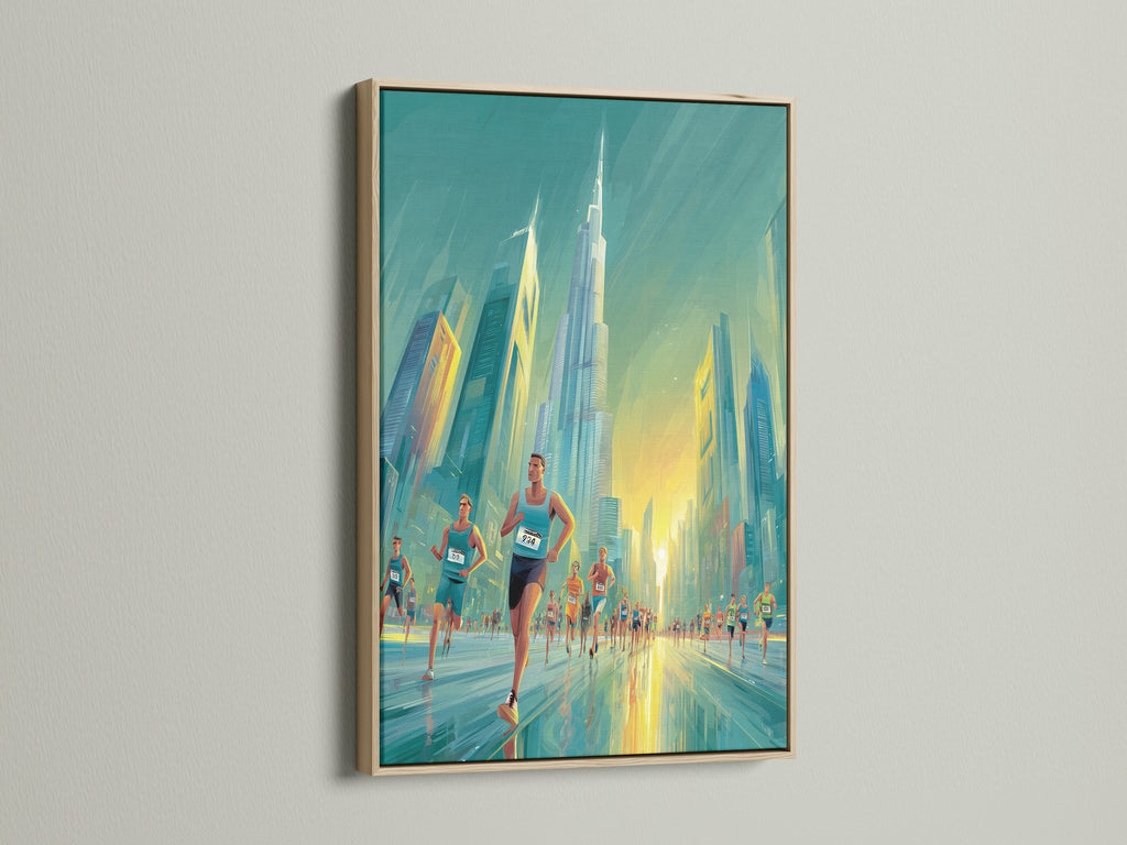 Artwork of a marathon race in Dubai elegantly presented in an oak frame. The oak frame enhances the artwork's aesthetic. It brings warmth and sophistication to any room. Discover the timeless appeal of oak framed art for your space today.