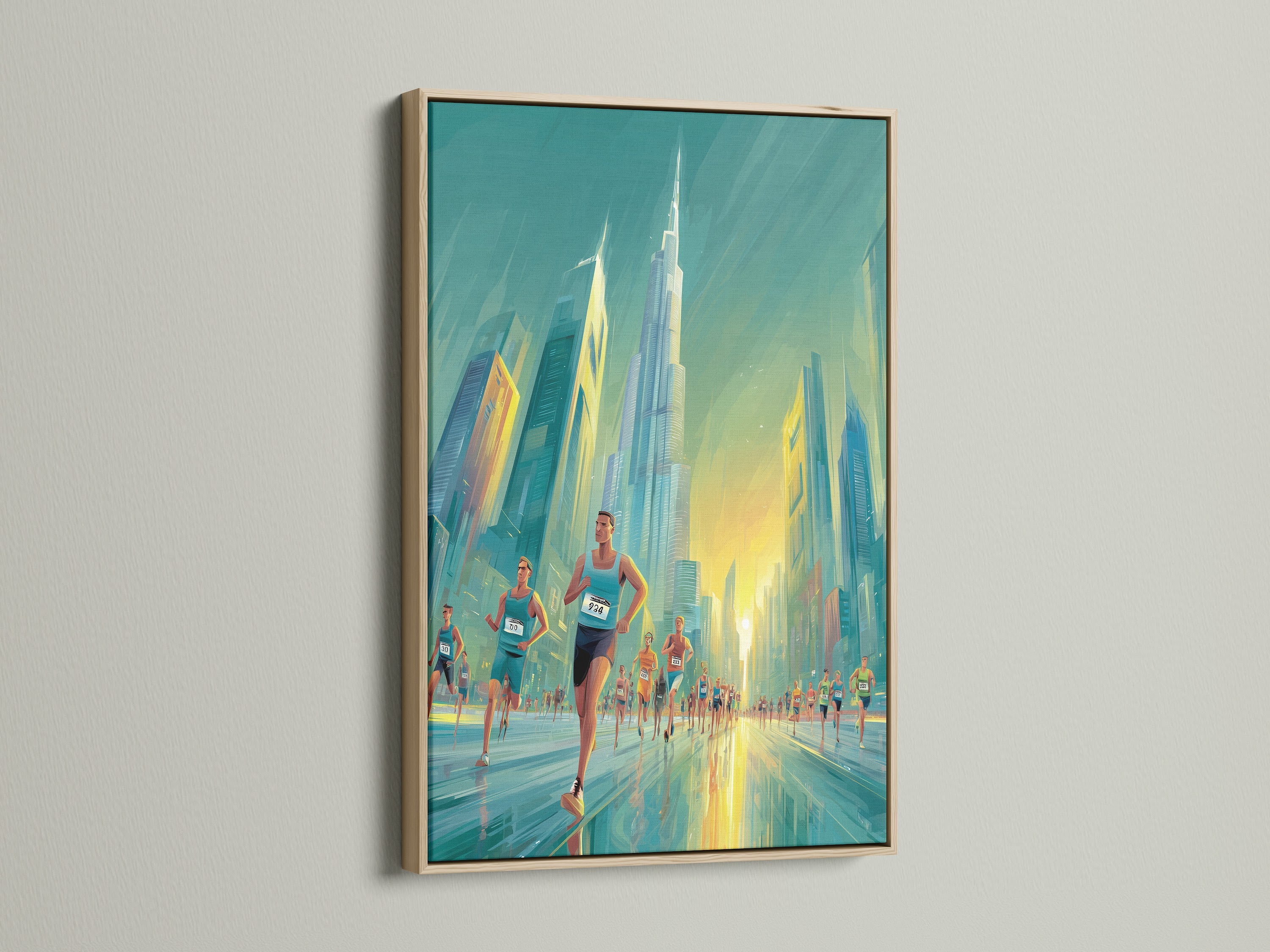 Artwork of a marathon race in Dubai elegantly presented in an oak frame. The oak frame enhances the artwork's aesthetic. It brings warmth and sophistication to any room. Discover the timeless appeal of oak framed art for your space today.