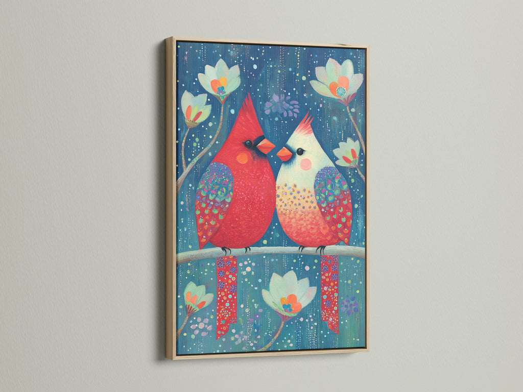 Cardinal bird canvas art displayed in an oak frame. This charming avian artwork brings a touch of nature indoors. The colorful bird print makes a delightful addition to any nursery. Perfect as a whimsical print or a thoughtful bird lover gift.