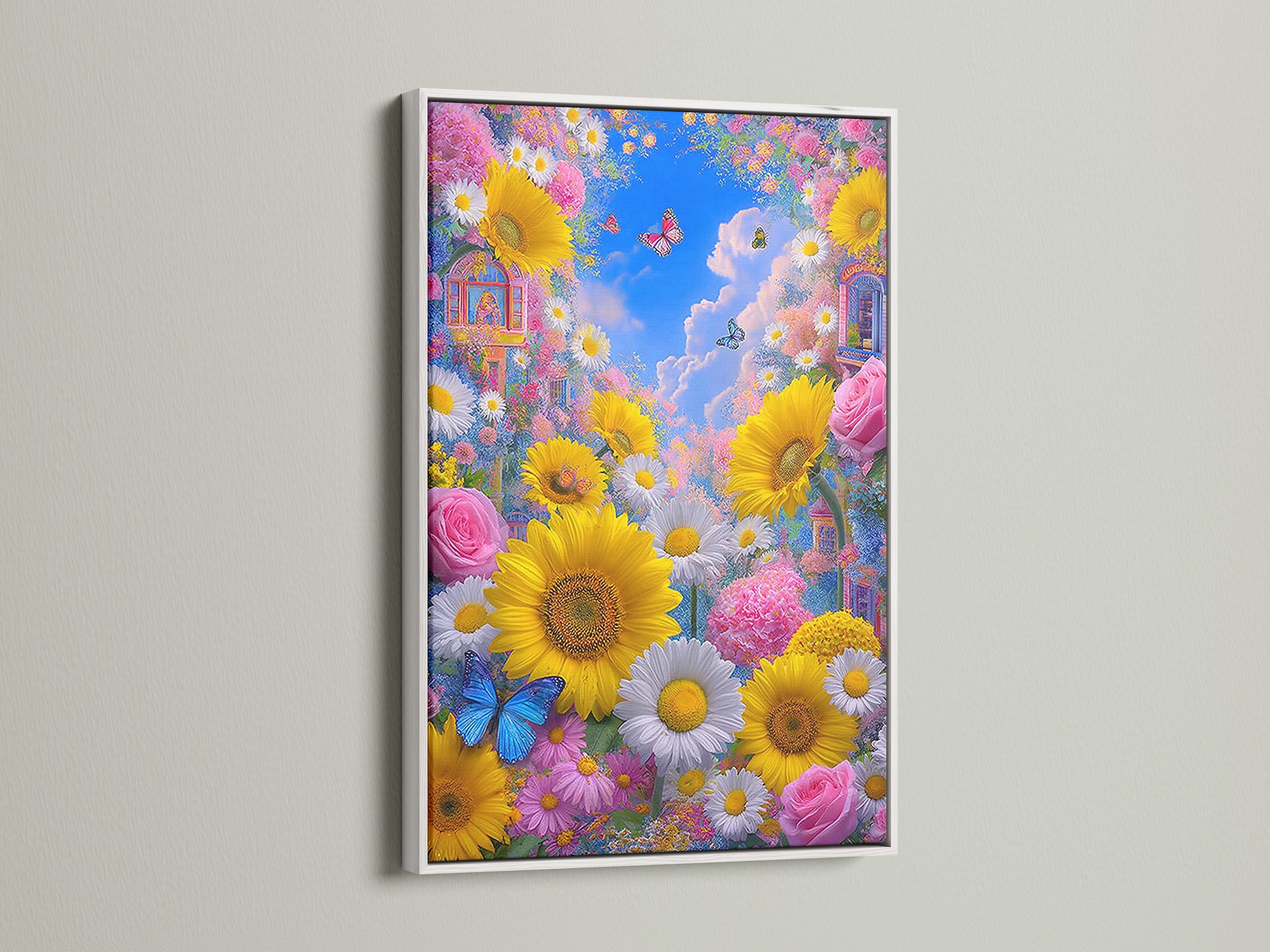 Sunflower Garden floral wall decor with a white frame. This butterfly canvas features colorful botanical prints. Brighten up your space with summer flowers art. Perfect for nature wall decor. It complements bohemian farmhouse or eclectic styles. Ideal for living rooms and bedrooms.