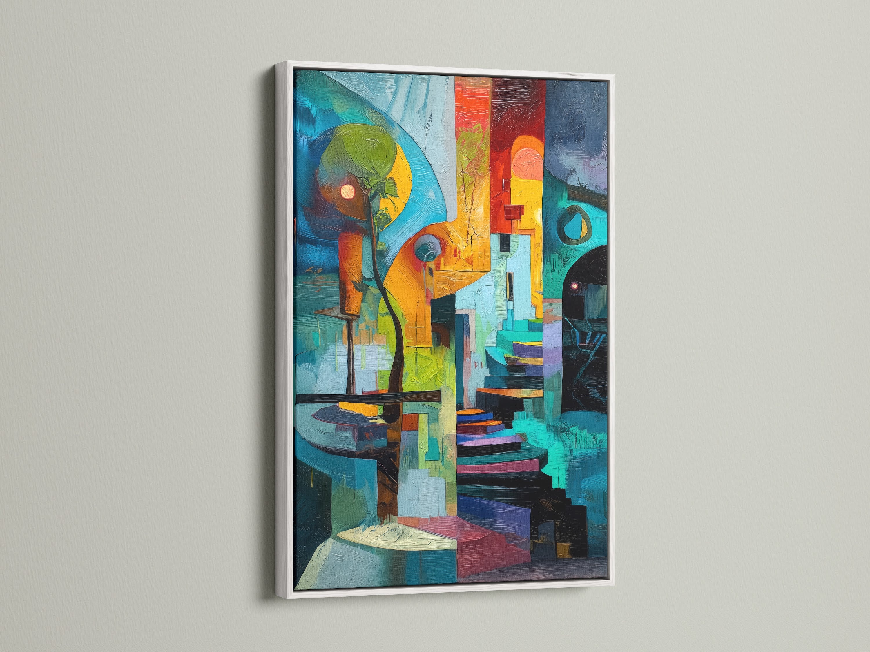 White frame featuring a geometric abstract artwork. The use of teal and orange offer a modern touch. This colorful wall art enhances any room. Its contemporary style is ideal for offices. Renters and business owners seeking elevated art love it. It complements minimalist and eclectic styles.