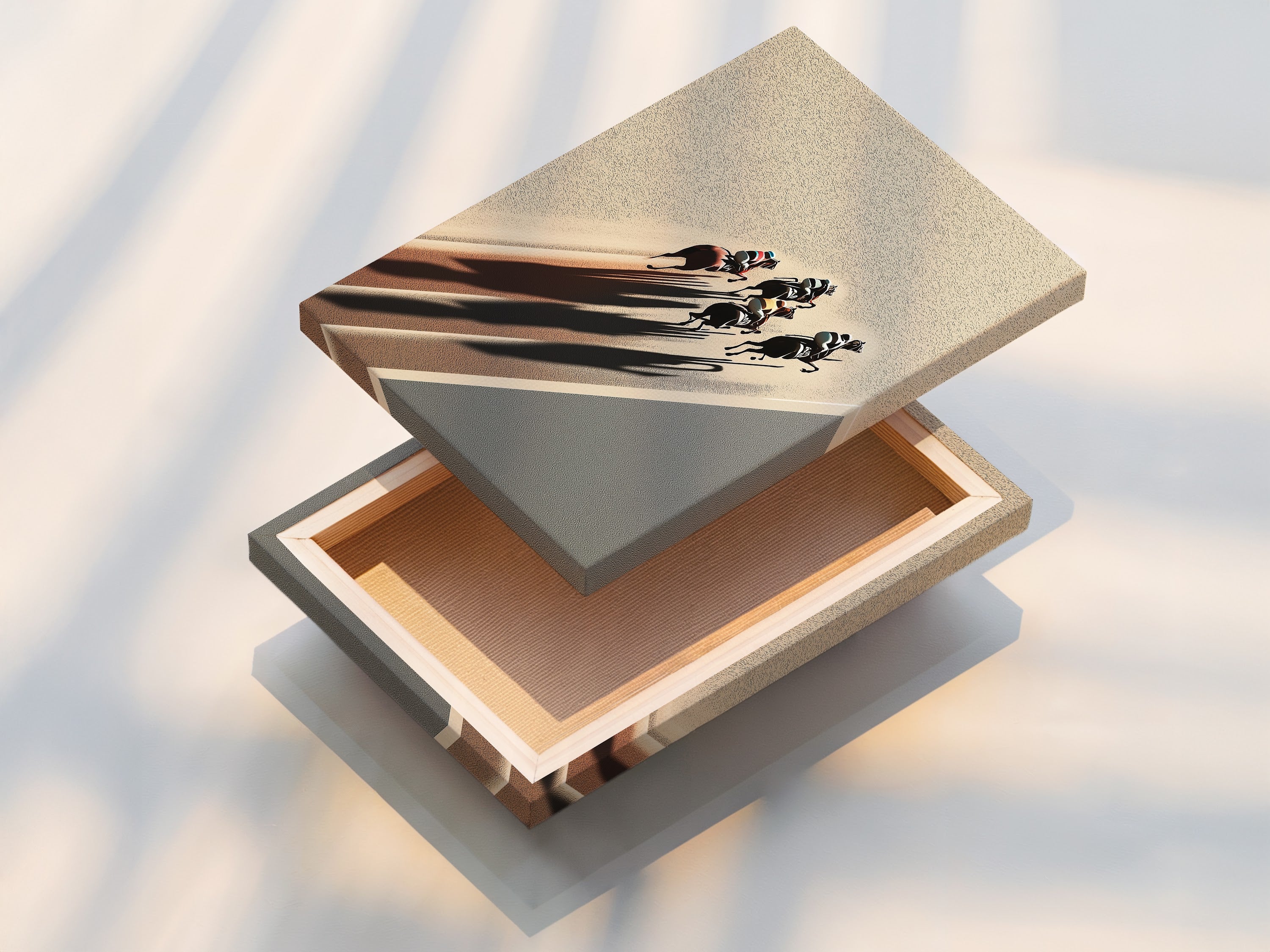 Experience our stretched canvas print. The artwork is taut and ready to hang. This method beautifully presents equestrian art. It's perfect for sport photography. A gallery-ready piece for your home.