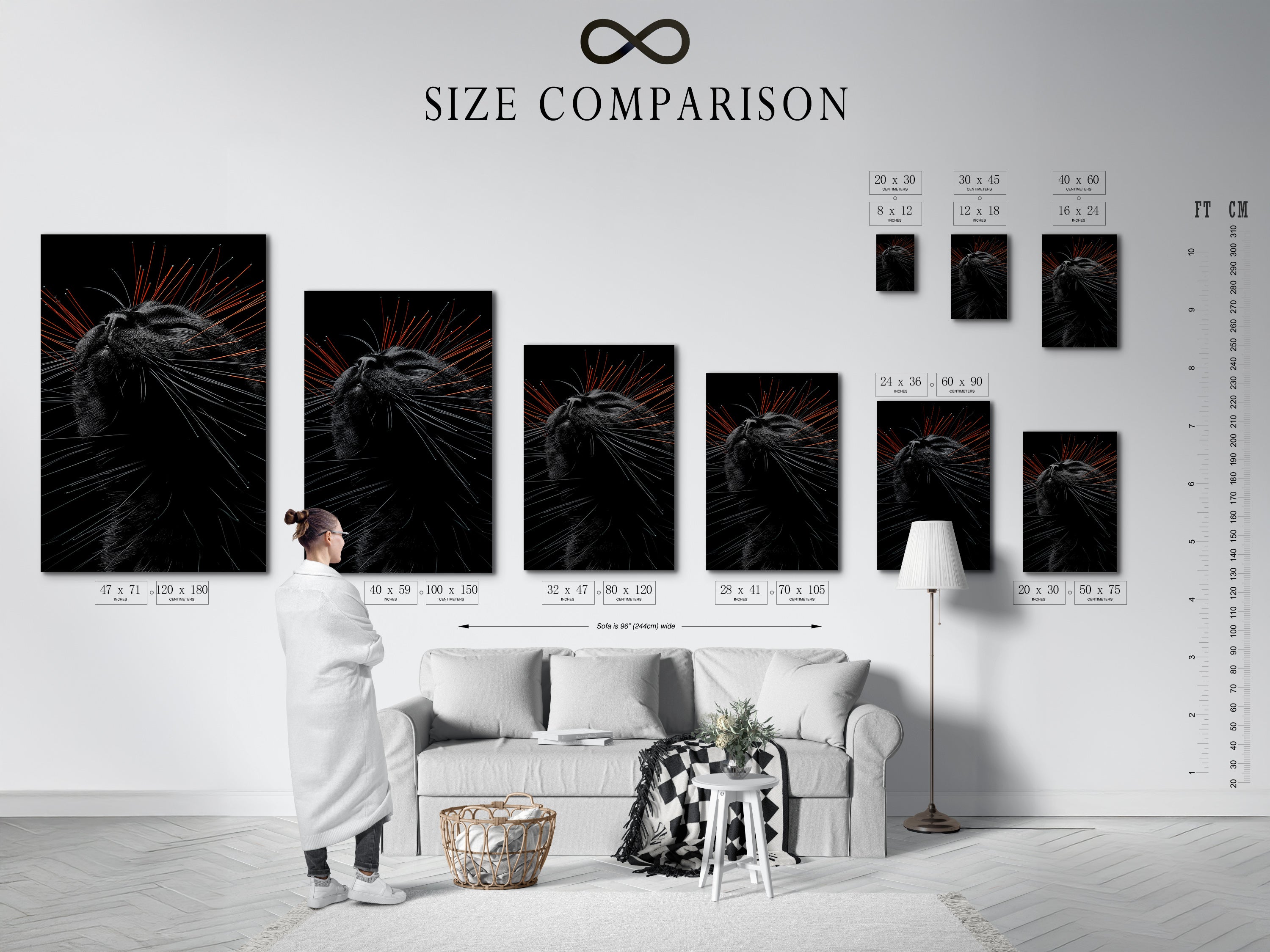 A size comparison chart is displayed in an interior setting. It showcases various canvas print sizes. Visualize how our feline canvas prints will fit in your living room bedroom or office. Find the perfect size for your pet wall decor.