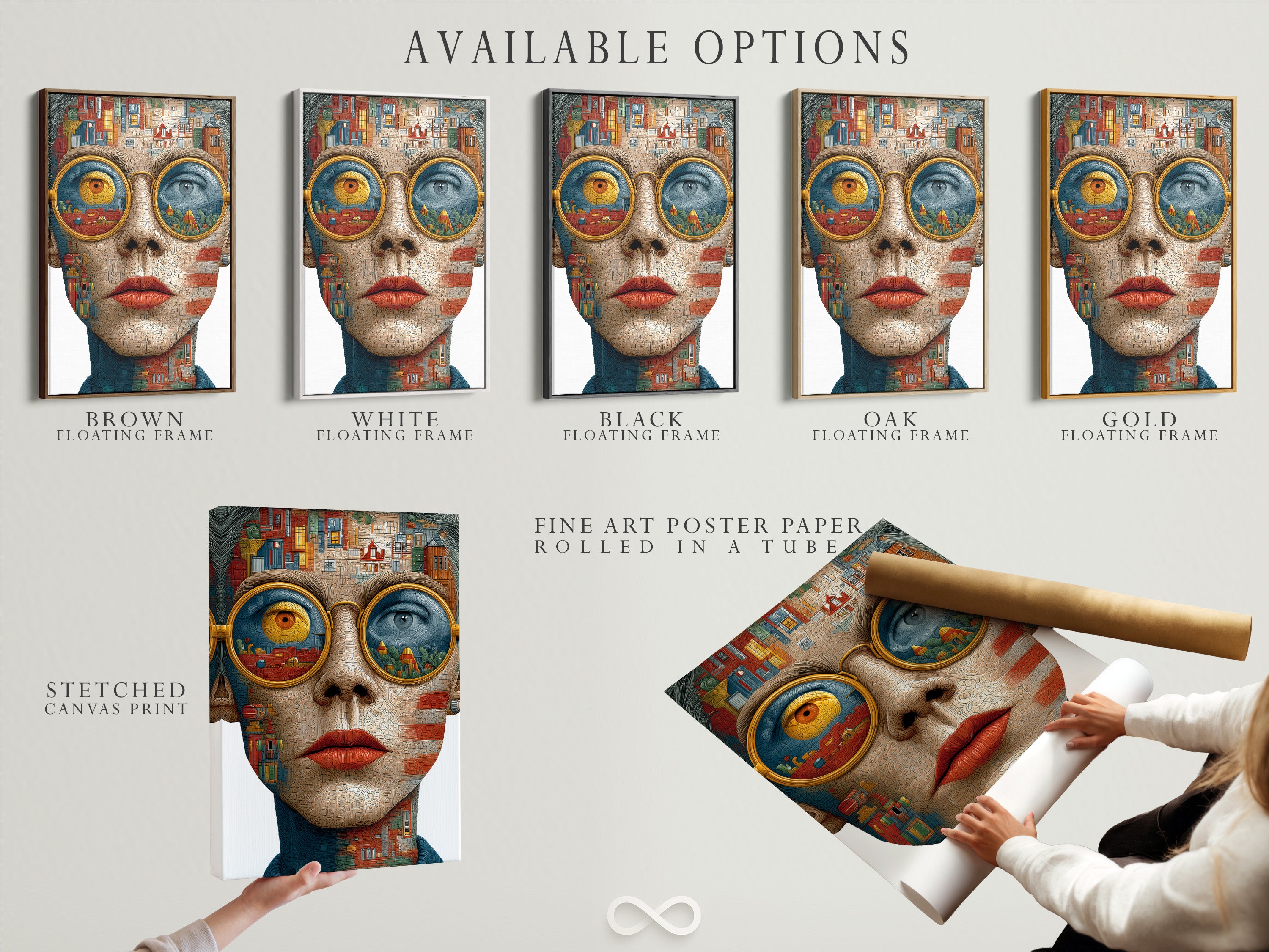Available options for surreal portrait artwork. Including stretched canvas prints fine art poster paper and floating frames. Choose the perfect format to match your style and decor needs. These options cater to contemporary eclectic and modern styles. Find the ideal artwork for your space.