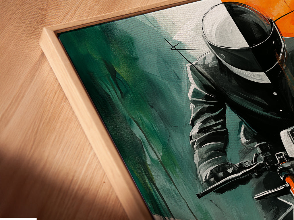 Close-up of Canvas Print in Floating Frame. This angled view showcases a motorcycle art print in a floating frame. The orange and teal artwork appears to float adding a modern touch. This is perfect for man cave decor and automotive spaces.