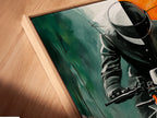 Close-up of Canvas Print in Floating Frame. This angled view showcases a motorcycle art print in a floating frame. The orange and teal artwork appears to float adding a modern touch. This is perfect for man cave decor and automotive spaces.