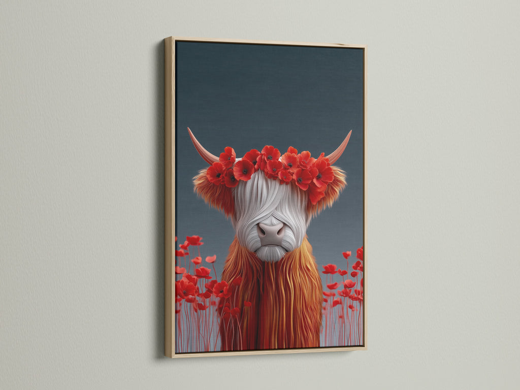 A close up of the Highland Cow art in an oak frame. The natural wood grain adds warmth to the rustic artwork. Perfect for farmhouse wall art and country home decor. Enhance your dining room decor now