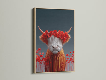 A close up of the Highland Cow art in an oak frame. The natural wood grain adds warmth to the rustic artwork. Perfect for farmhouse wall art and country home decor. Enhance your dining room decor now