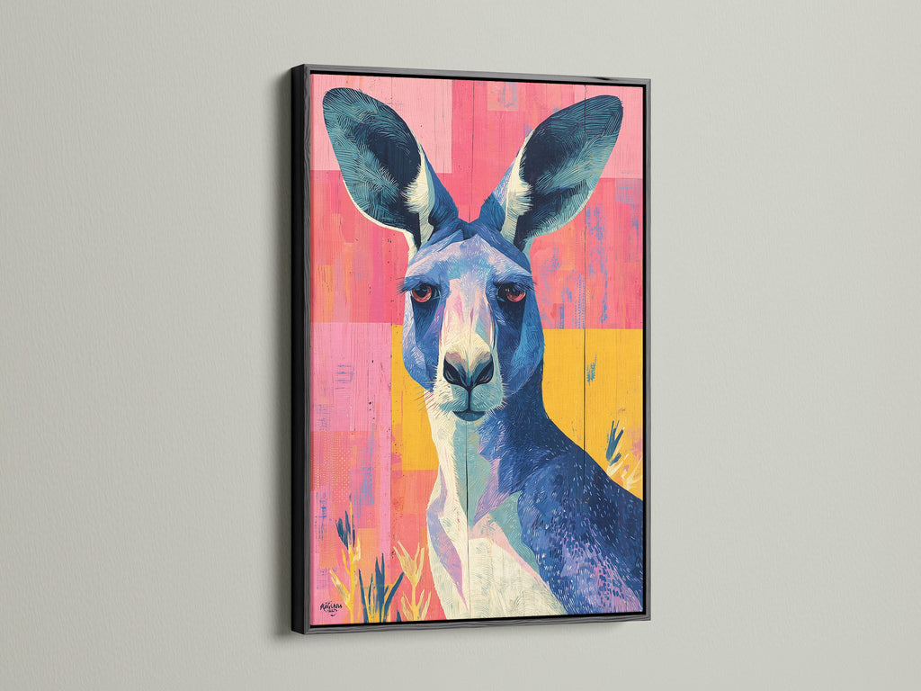The kangaroo artwork is bold. It is displayed in a black frame. The black frame adds a modern touch. It will create a focal point in your home. This artwork is very unique.