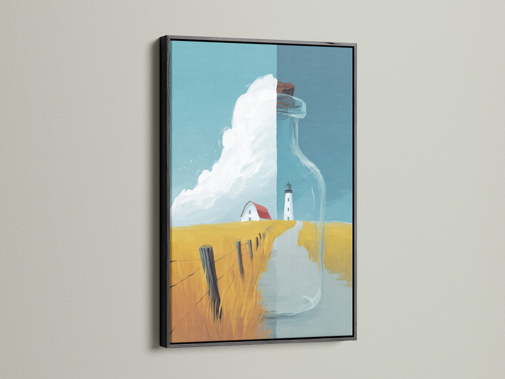 Coastal Lighthouse Canvas Artwork with a black frame. This nautical landscape print features a serene ocean view. The black frame adds a modern touch to this classic scene. A great choice for ocean view art.