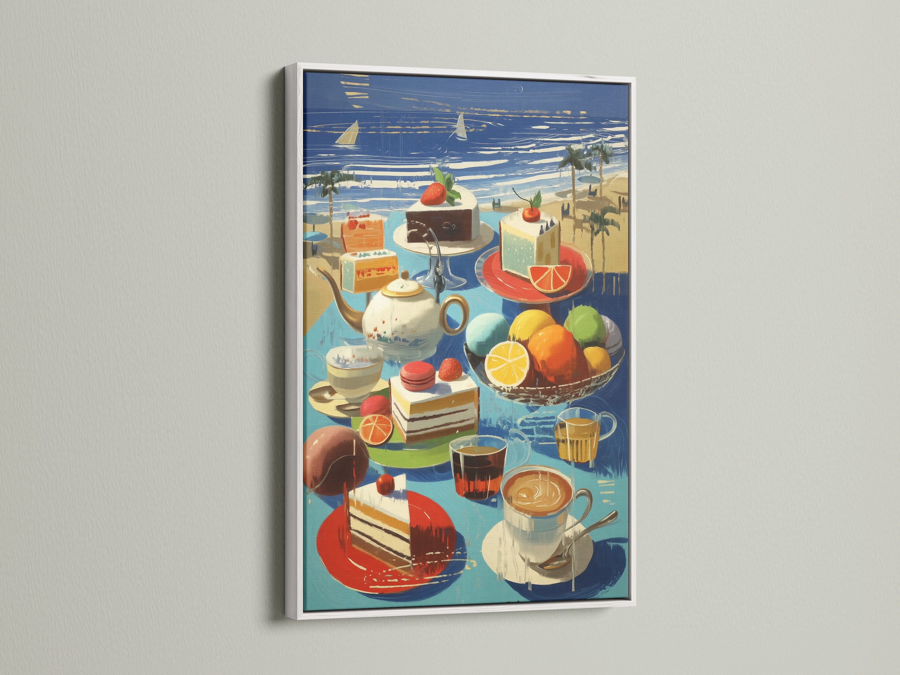 Framed in white this coastal still life artwork brings a fresh summer vibe. The beach cafe wall art features cake and fruit. It is ideal for bright kitchen decor. This seaside artwork enhances any space with its ocean view art.